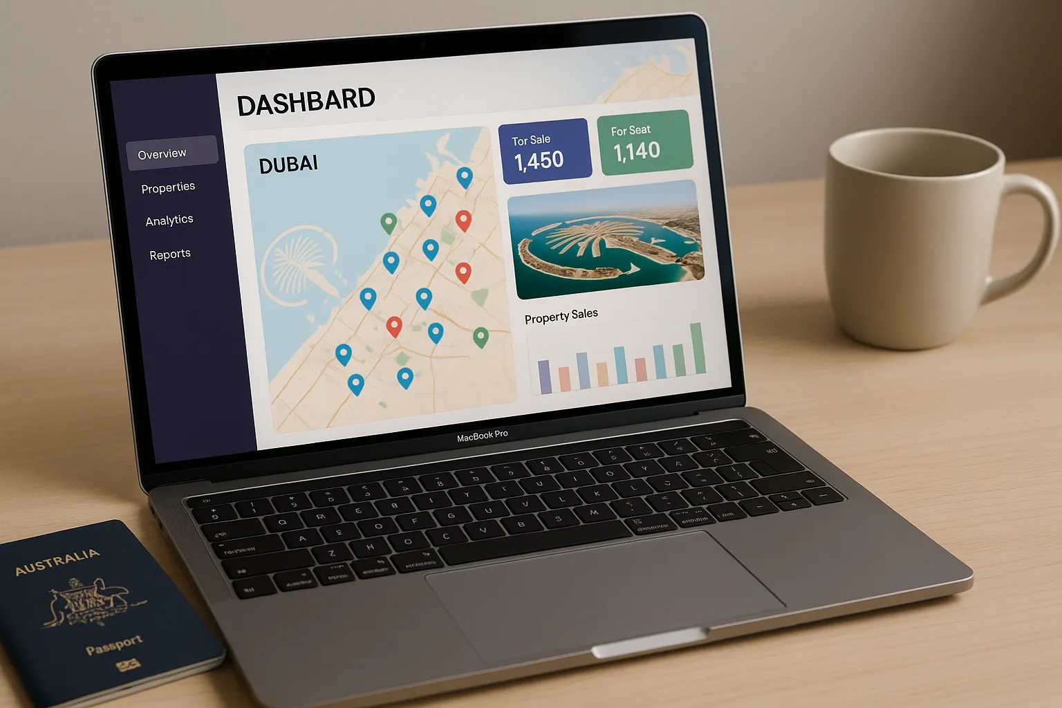 A laptop open to a colourful real-estate dashboard showing a map of Dubai with property pins, overlaid on a desk with an Australian passport and a coffee mug. The screen is angled toward the viewer, with the Palm Jumeirah visible in the map thumbnail.
