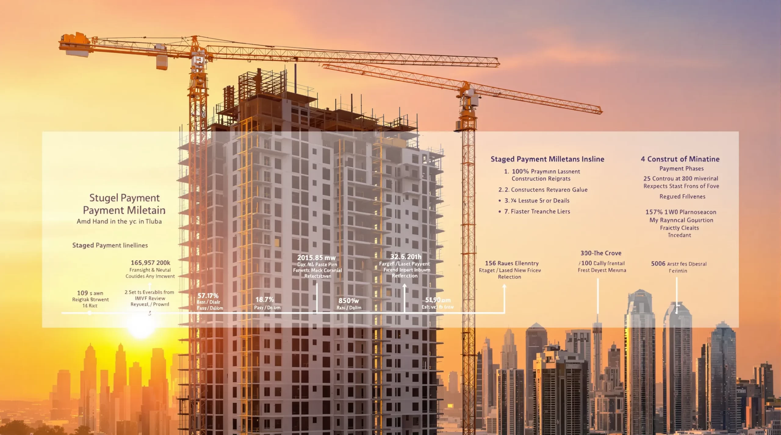 A modern Dubai high-rise under construction at sunset, cranes silhouetted, with an overlay timeline of staged payment milestones.