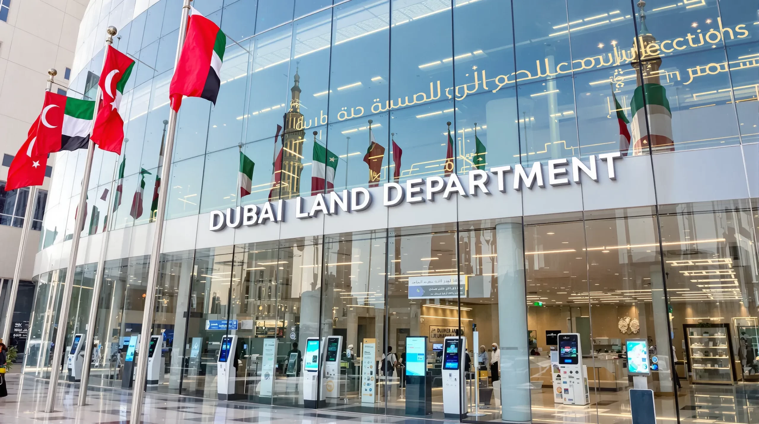 A modern glass-fronted government building labelled Dubai Land Department, with flags of the UAE flying outside and digital service kiosks visible in the lobby.