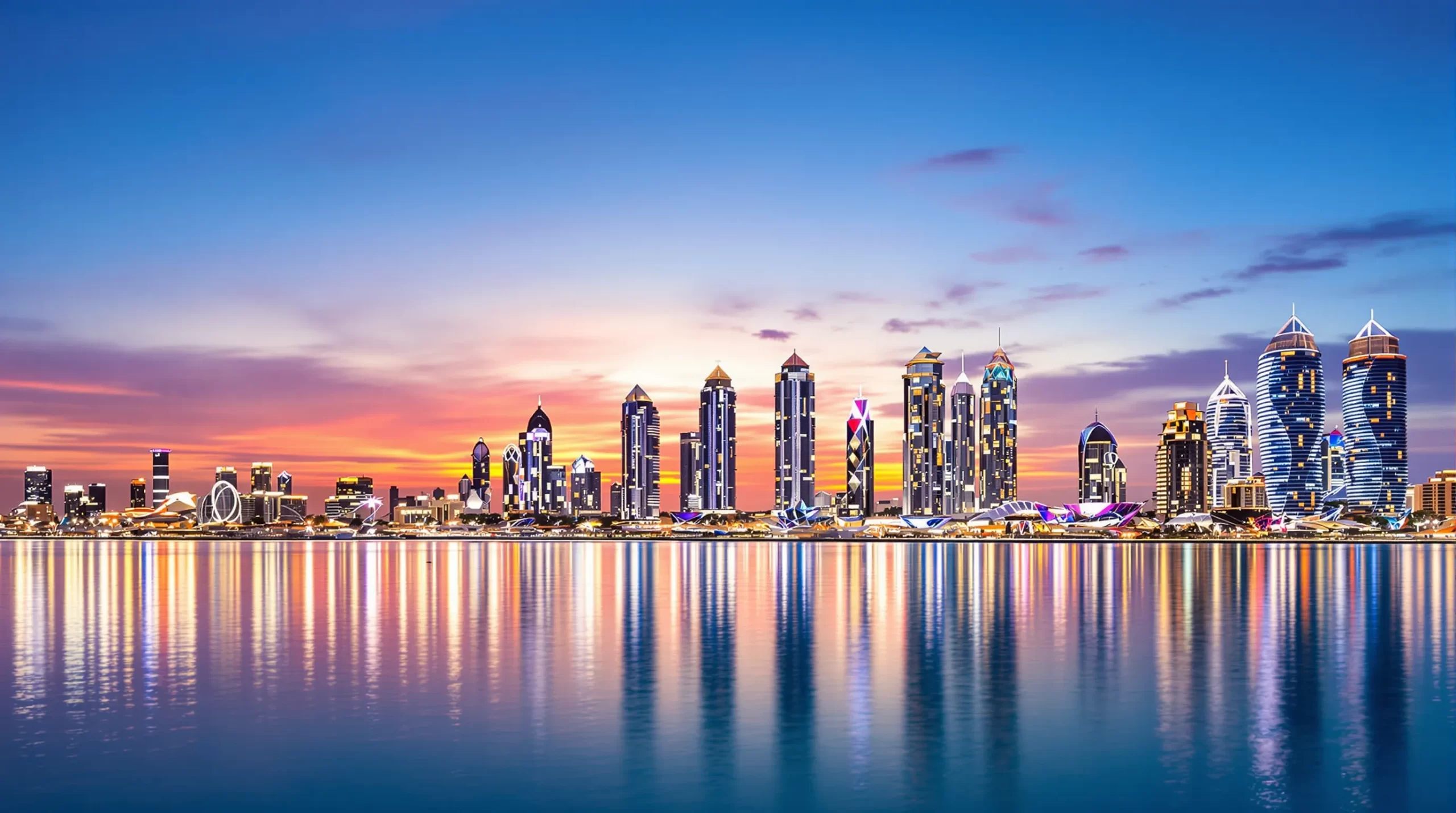 A panoramic twilight image of Dubai Marina showing high-rise towers with lights reflected on the water, illustrating the vibrant atmosphere attractive to both tourists and long-term residents.