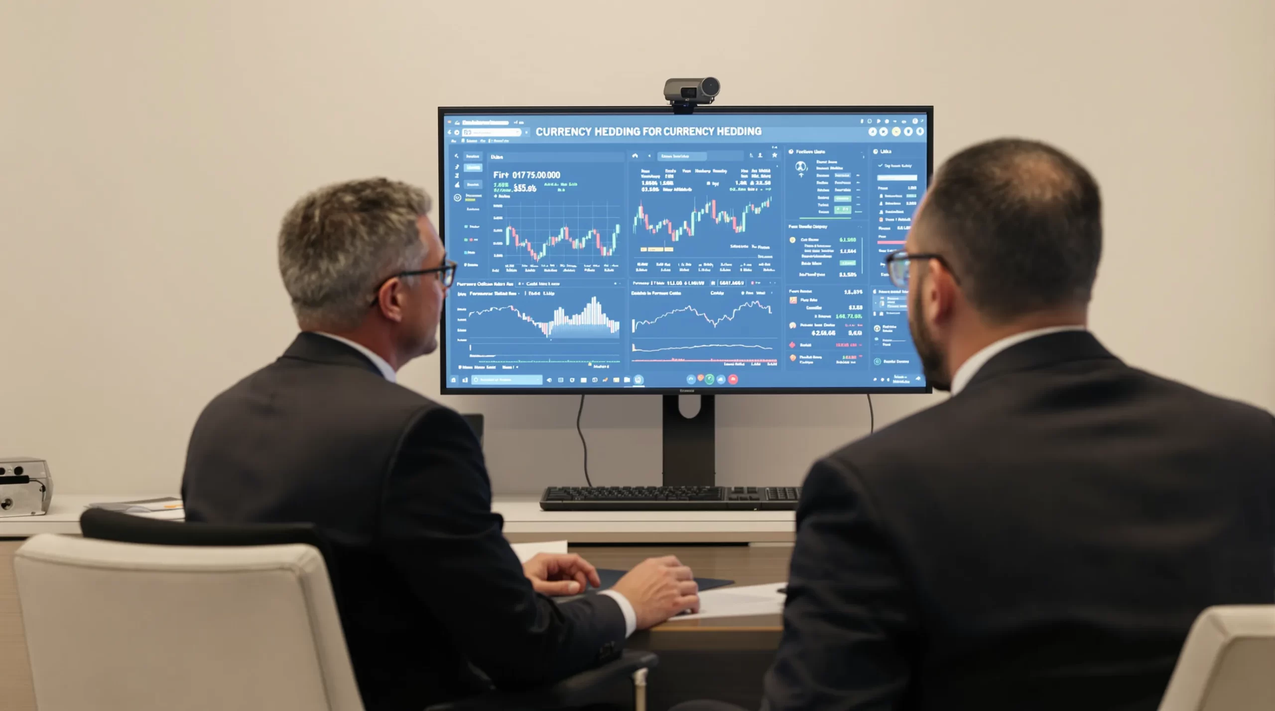 A professional meeting scene: an Australian investor video-conferences with a Dubai-based consultant, both reviewing a currency hedging dashboard displaying forward contracts and option positions.