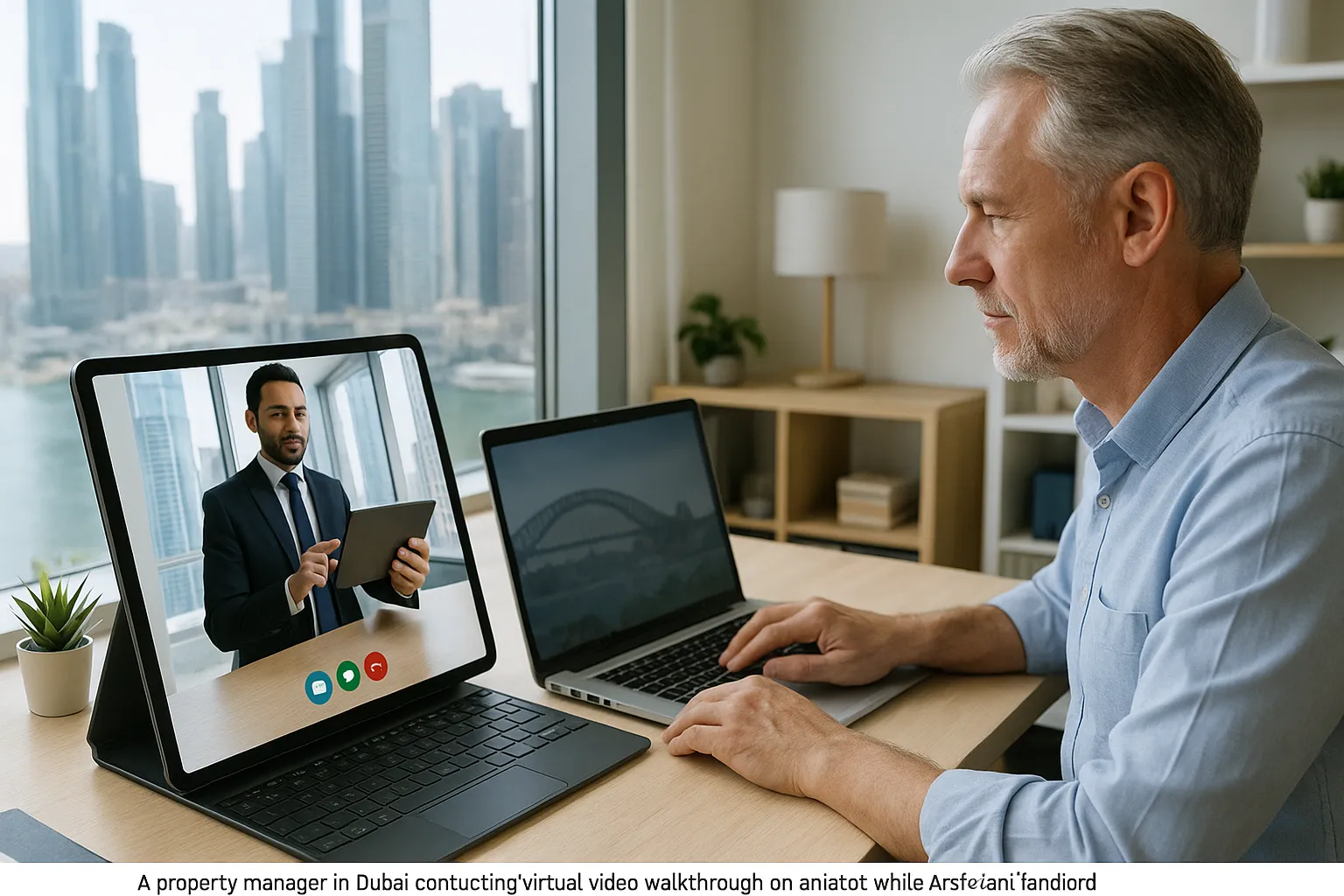 A property manager in Dubai conducting a virtual video walkthrough on a tablet while an Australian landlord views live footage on a laptop in a modern Sydney home office. Skyscrapers visible through Dubai window; Sydney Harbour Bridge faintly reflected in laptop screen.