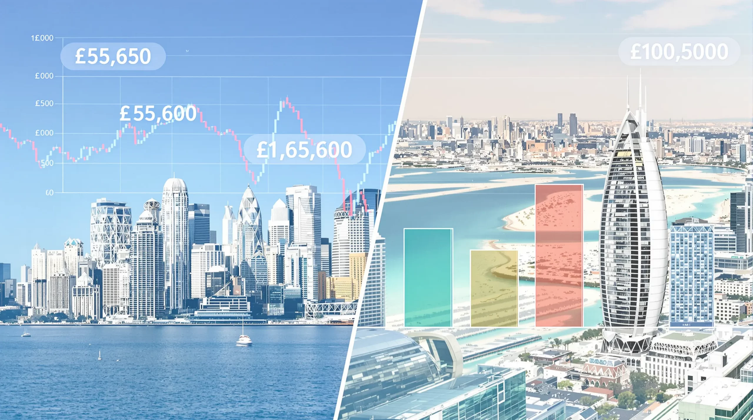 A split-screen illustration: on the left, a Sydney skyline with a fluctuating currency graph overlay; on the right, the Dubai Marina skyline with steadier currency bars, symbolising the need to hedge AUD to AED exposure when investing in property.