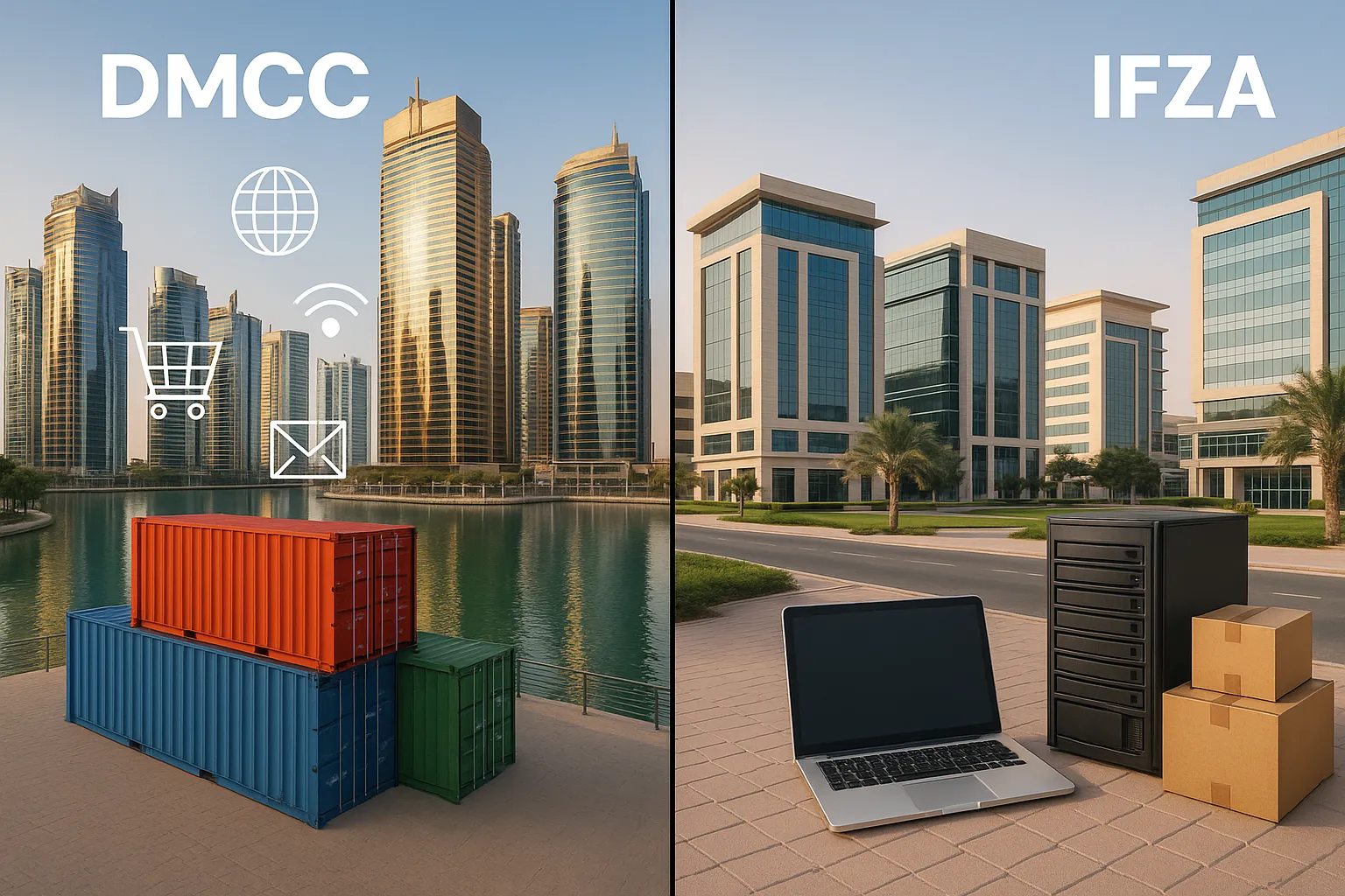 A split-screen illustration: on the left, the iconic Jumeirah Lakes Towers skyline representing DMCC with shipping containers and digital commerce icons; on the right, Dubai Silicon Oasis business parks representing IFZA with laptops, servers and cardboard boxes, symbolising e-commerce infrastructure choices.