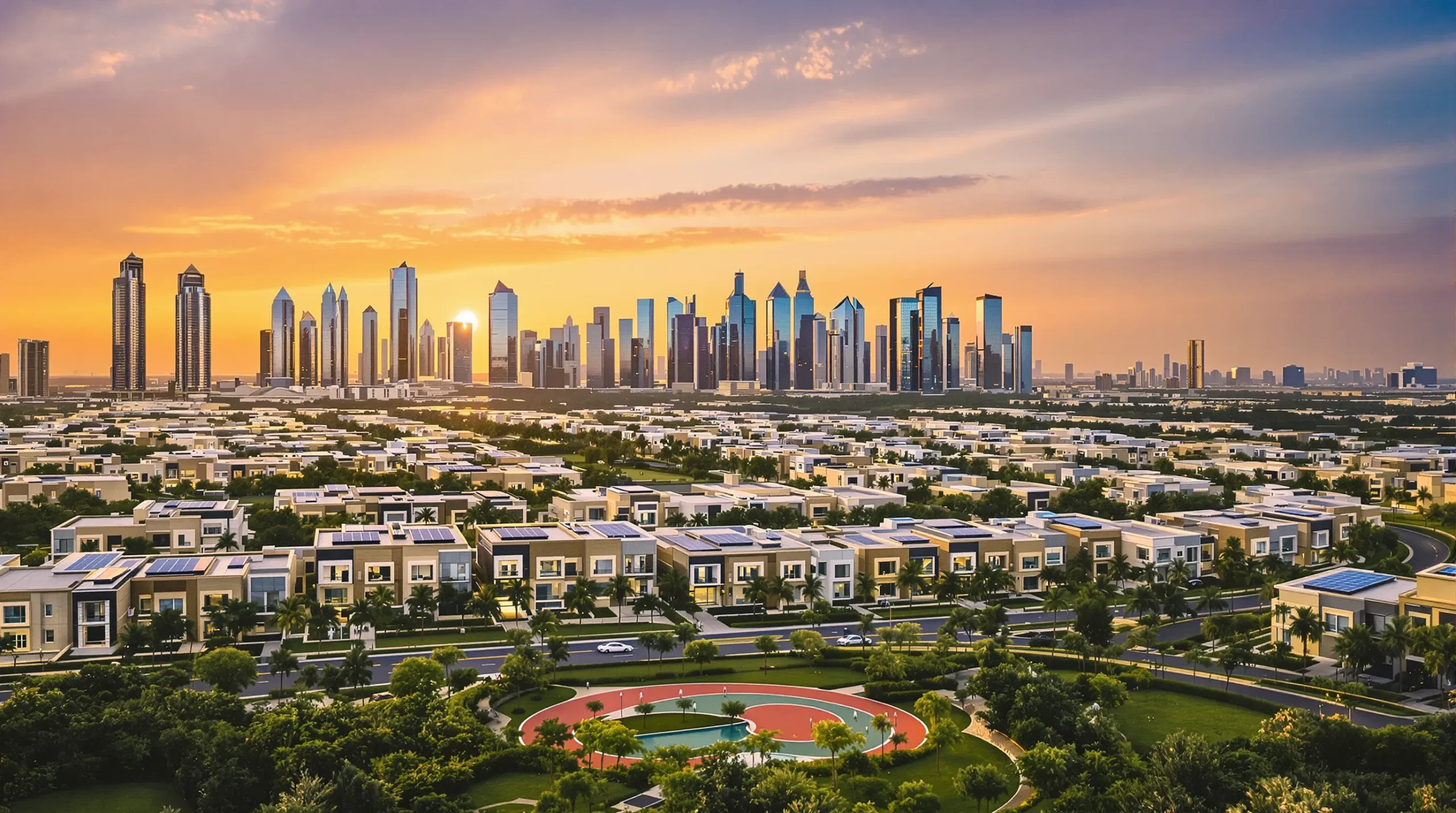 Aerial view of a Dubai residential community featuring rows of villas with rooftop solar panels, tree-lined streets, communal gardens and a central park with a jogging track, set against the iconic skyline at sunset.
