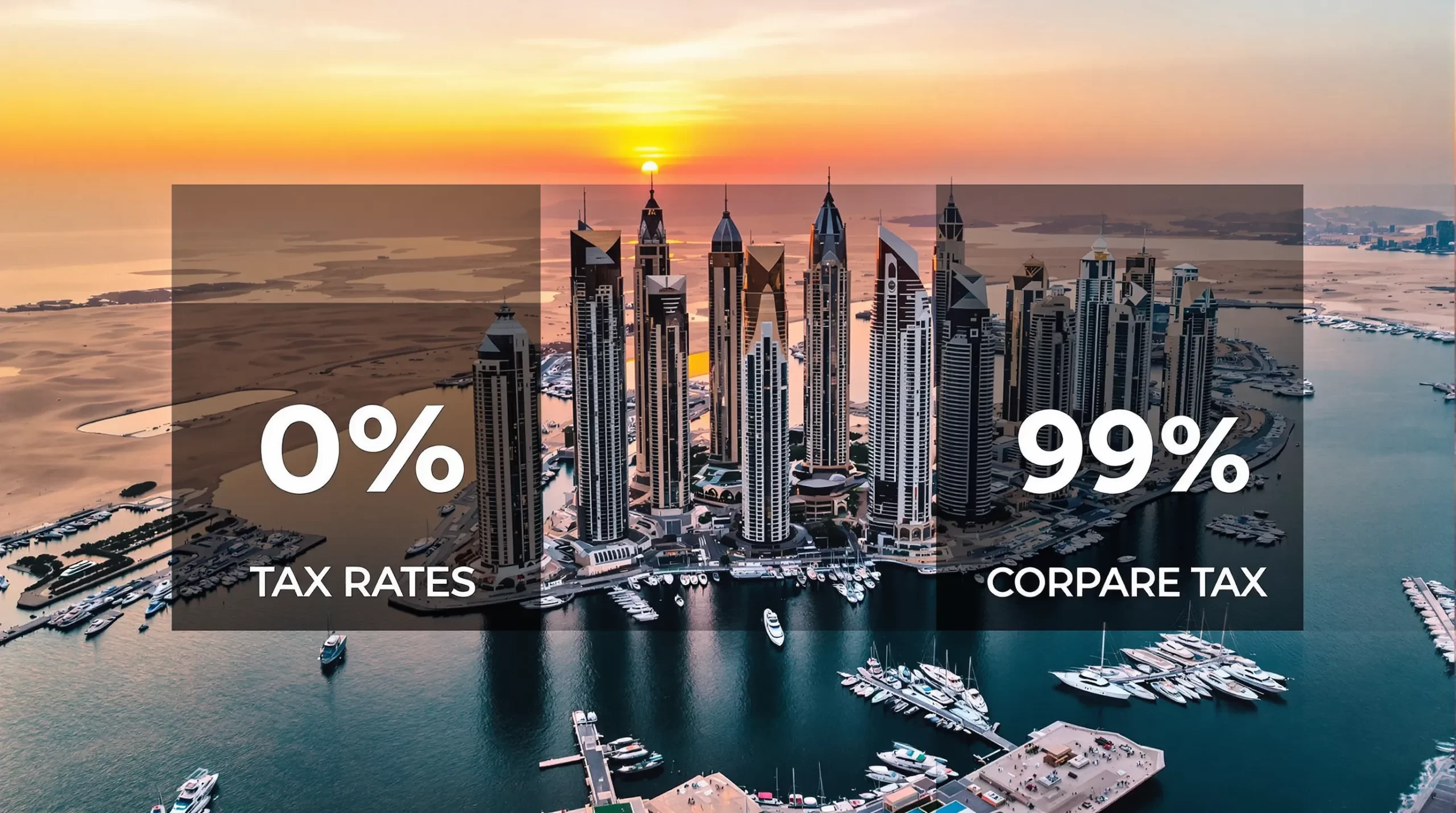Aerial view of Dubai Marina’s skyscrapers at sunset, with yachts in the water and the desert visible in the background; overlaid icons depict tax rates of 0 percent and 9 percent to illustrate the UAE’s dual corporate tax model.