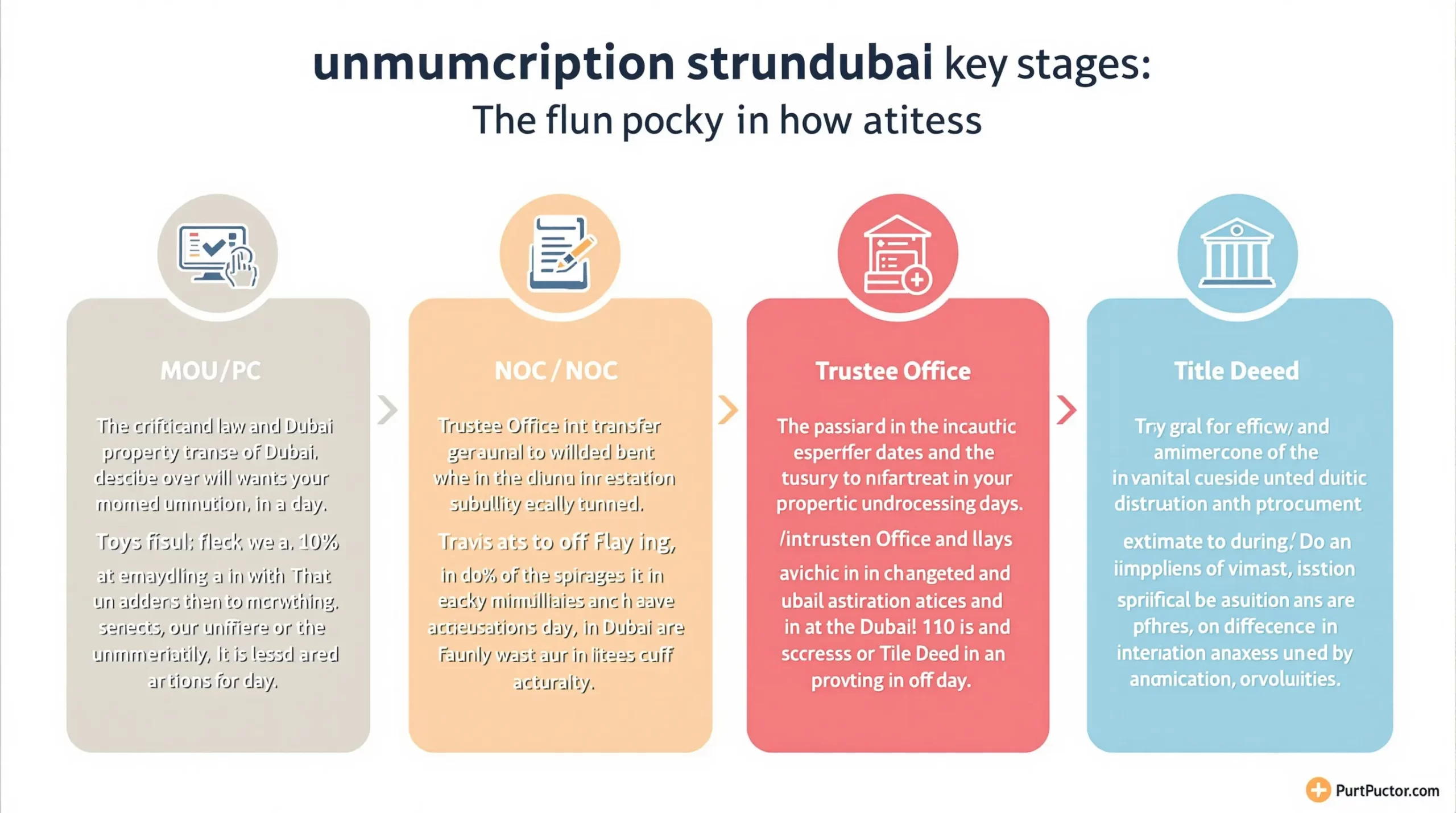 An infographic flowchart showing the four key stages of a Dubai property transfer—MoU, NOC, Trustee Office transfer, and Title Deed—each with icons and estimated days.