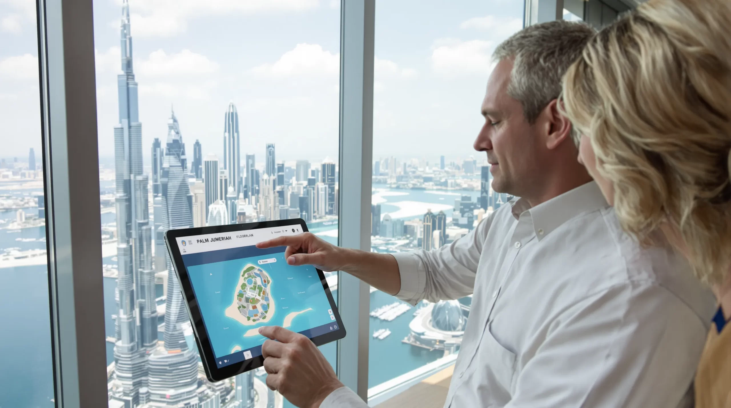 Australian couple reviewing a digital floorplan on a tablet while a Dubai skyline is visible through a window behind them; the man points at the Palm Jumeirah map on screen.