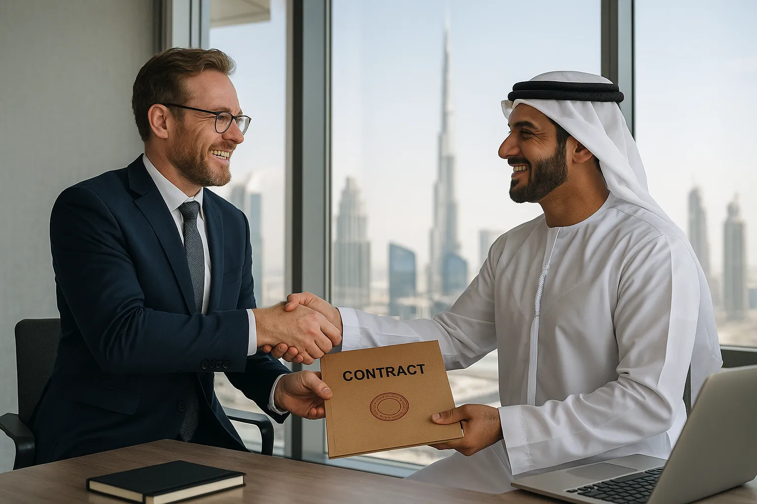 Australian entrepreneur shaking hands with an Emirati sponsor in a modern Dubai office, Burj Khalifa visible through the window. Both parties are smiling and exchanging a stamped contract folder.