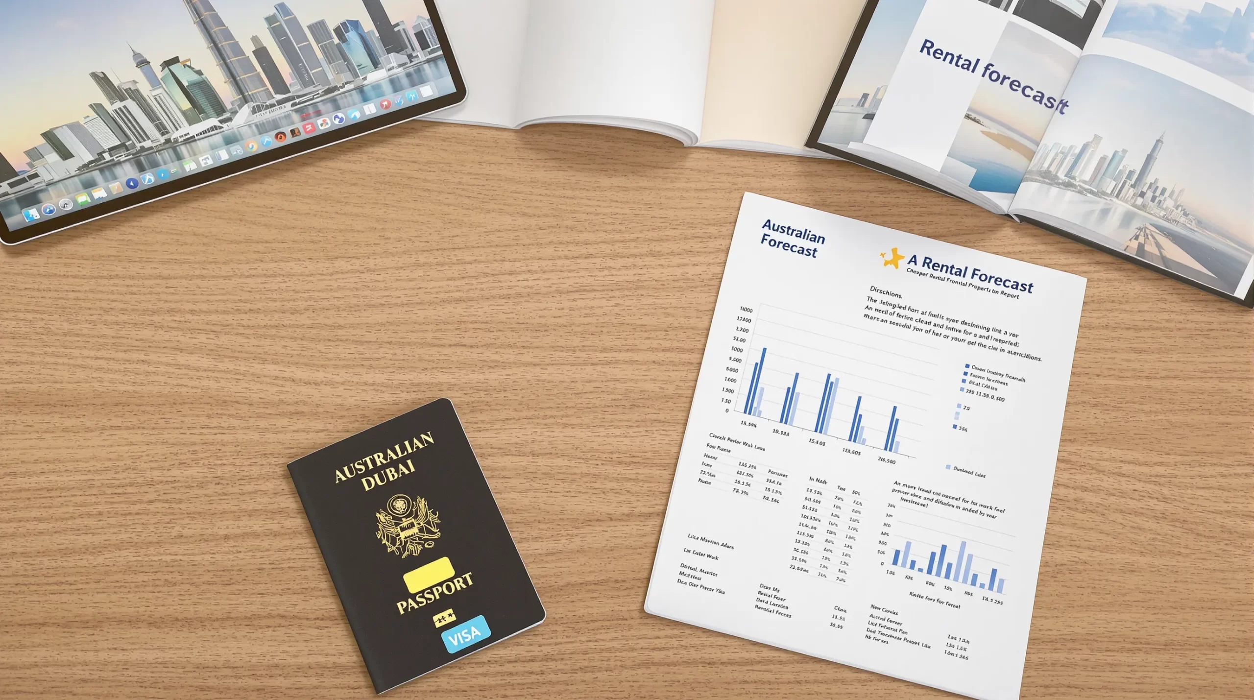 Flat lay of a printed rental forecast report, laptop showing Dubai skyline, and an Australian passport on a wooden desk, symbolising cross-border property planning.