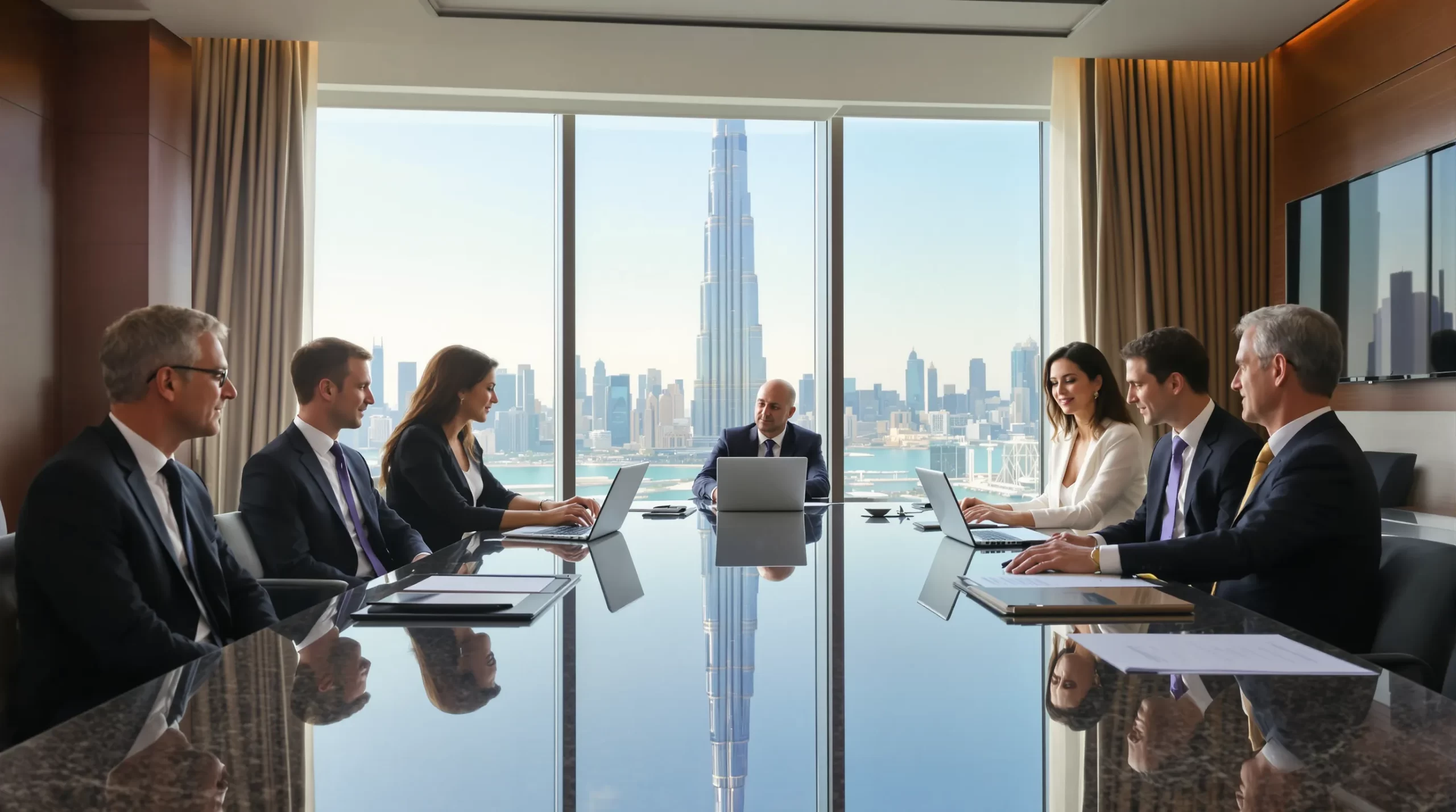 High-net-worth Australian couple and adult children seated with legal and financial advisers around a polished conference table overlooking Burj Khalifa, reviewing family office governance documents on laptops and tablets.