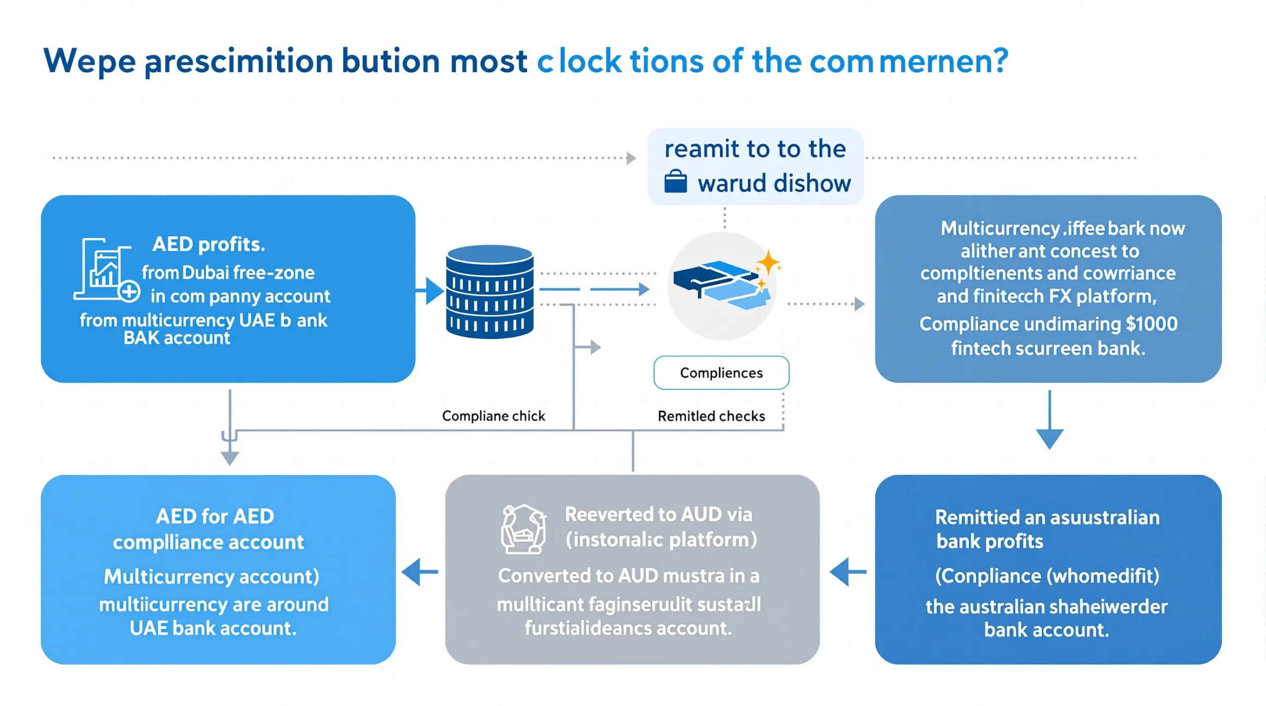 Illustration: Flowchart showing AED profits in a Dubai free-zone company account moving through a multicurrency UAE bank account, converted to AUD via a fintech FX platform, then remitted to the Australian shareholder’s bank, with compliance checks at each stage.
