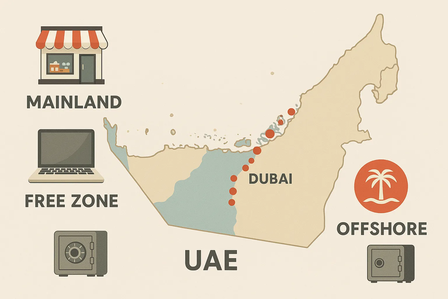 An infographic style illustration showing the map of the UAE with three colour-coded zones: Mainland in light blue covering Dubai city, multiple Free Zones as red dots along the coast, and a small Offshore island icon. Beside each zone are icons representing trade shops, laptop-based free-zone offices, and a vault for asset holding.