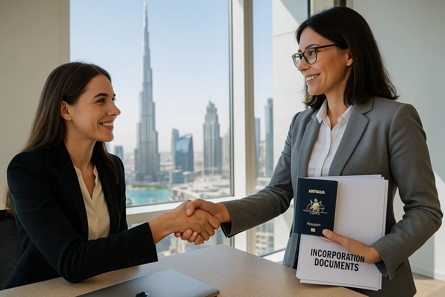 A businesswoman in a modern Dubai office shakes hands with an advisor holding an Australian passport and a stack of incorporation documents, with the Burj Khalifa visible through the window, symbolising seamless company formation for Australian founders.