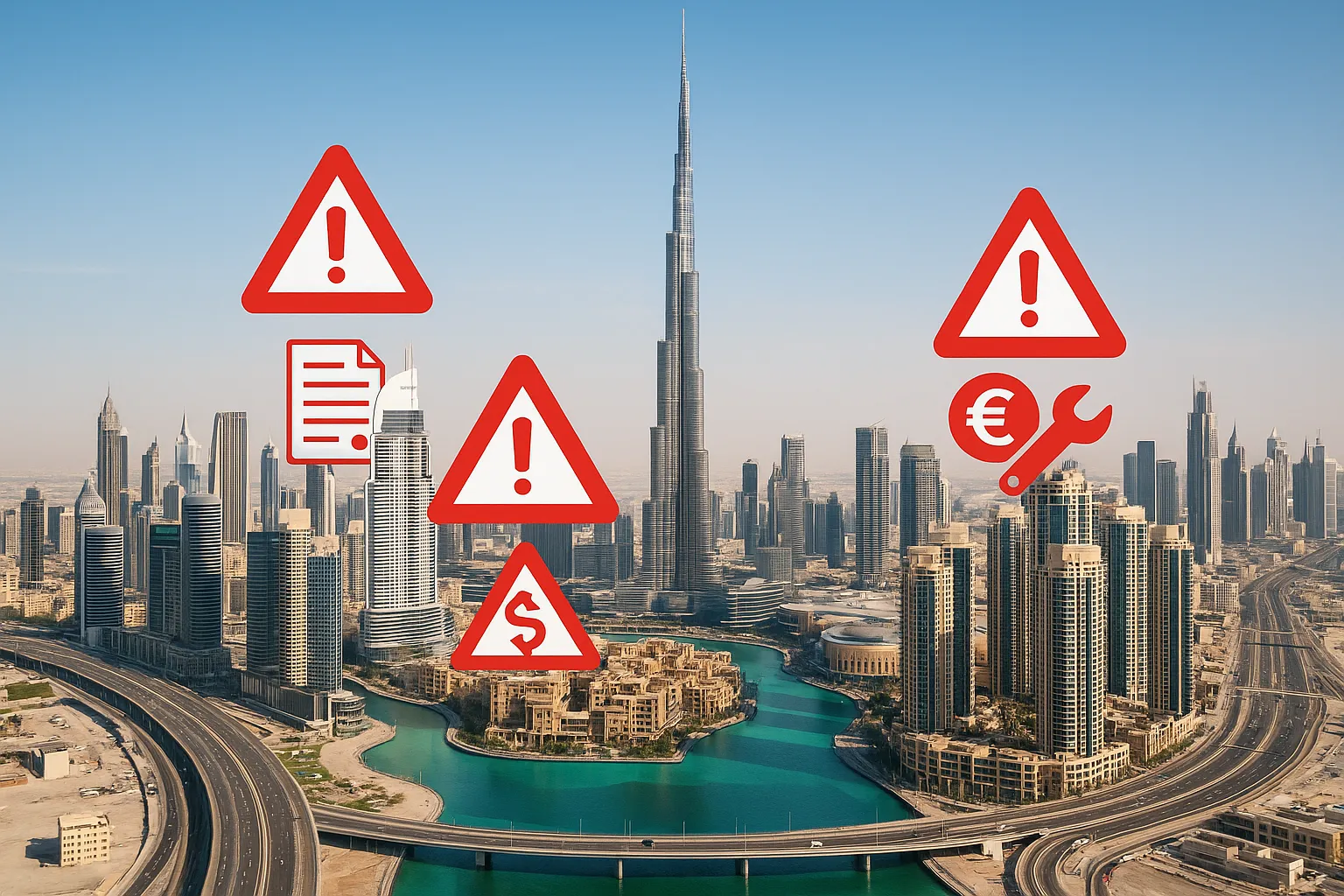 Illustration of a modern Dubai skyline with warning icons hovering over key districts, highlighting potential pitfalls foreign buyers might face when purchasing property, such as contract clauses, currency risk, and maintenance fees.