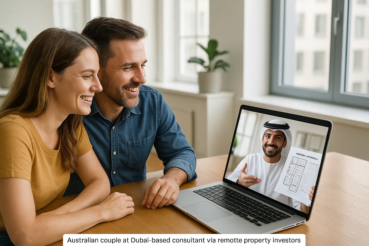 An Australian couple in casual attire sitting at a laptop in a bright office, video-calling a Dubai-based consultant who shows floor plans and payment schedules on a screen, symbolising remote end-to-end support for overseas property investors.