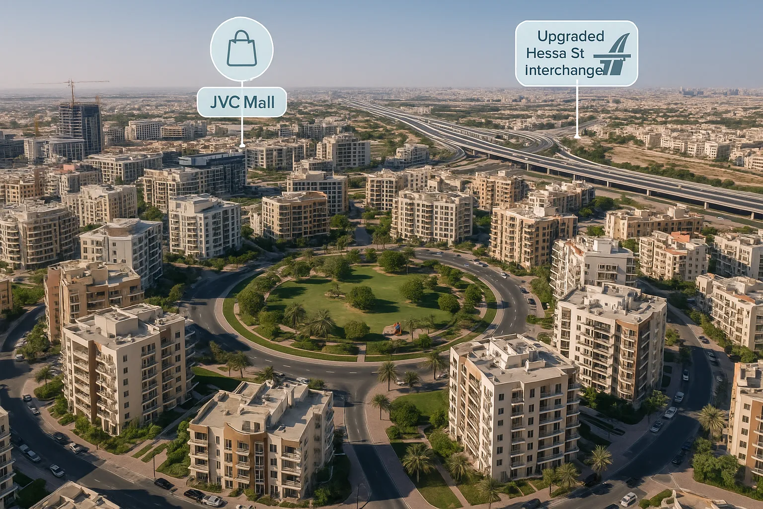 A drone shot of Jumeirah Village Circle showing clusters of modern mid-rise apartment buildings, green community parks and the circular road layout, with icons highlighting key amenities like the new JVC Mall and upgraded Hessa Street interchange.