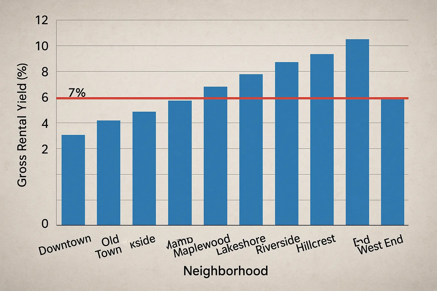 A comparative bar chart showing the eight neighbourhoods on the x-axis and gross rental yield percentages on the y-axis, with a highlighted threshold at 7 percent, illustrating how each area surpasses the benchmark.