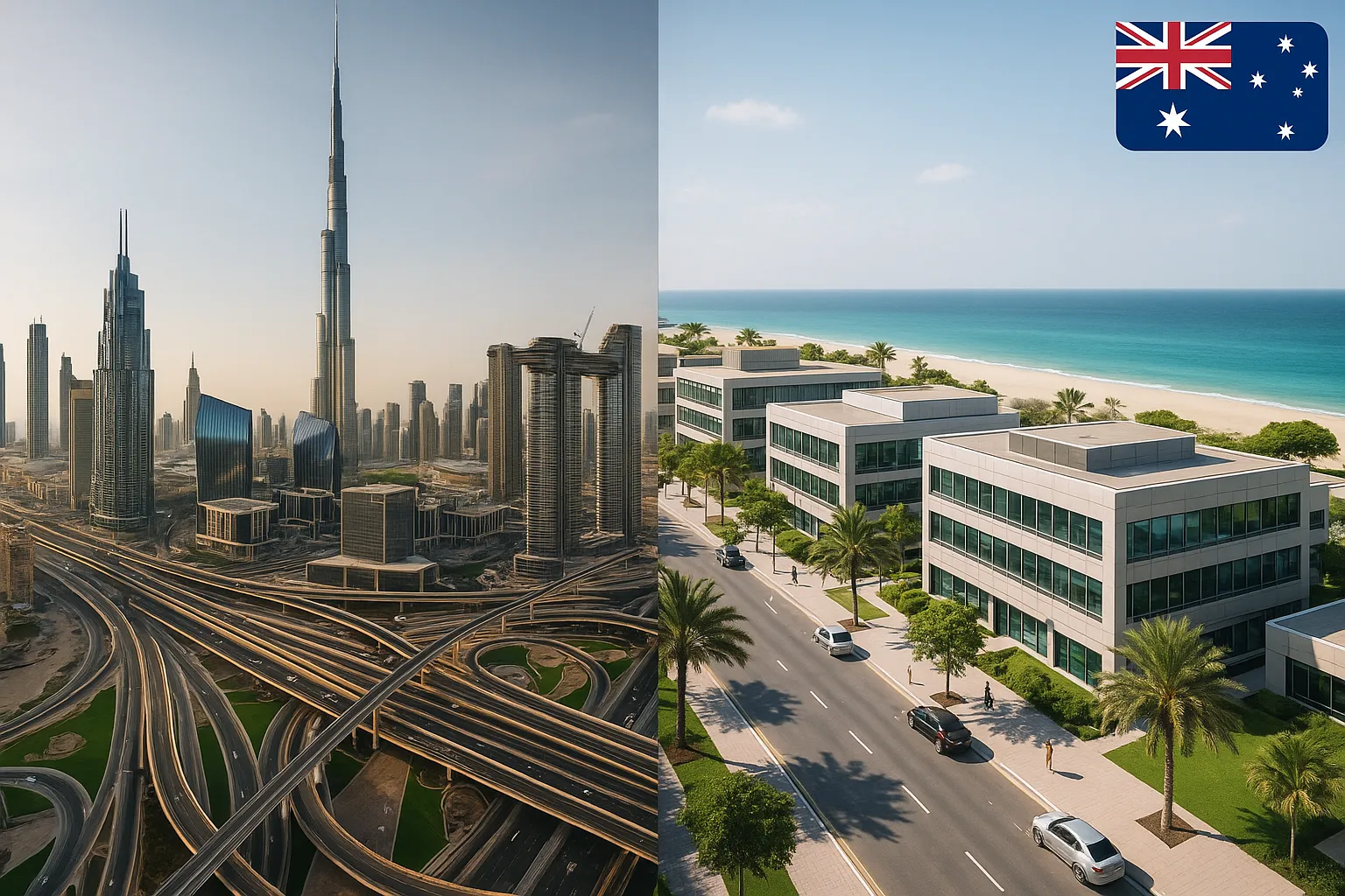 A split image: on the left, the futuristic skyline of Downtown Dubai representing Mainland business activity. On the right, a modern business park near the beach, symbolising a Free Zone environment. An Australian flag subtly incorporated in the corner to highlight the target audience.