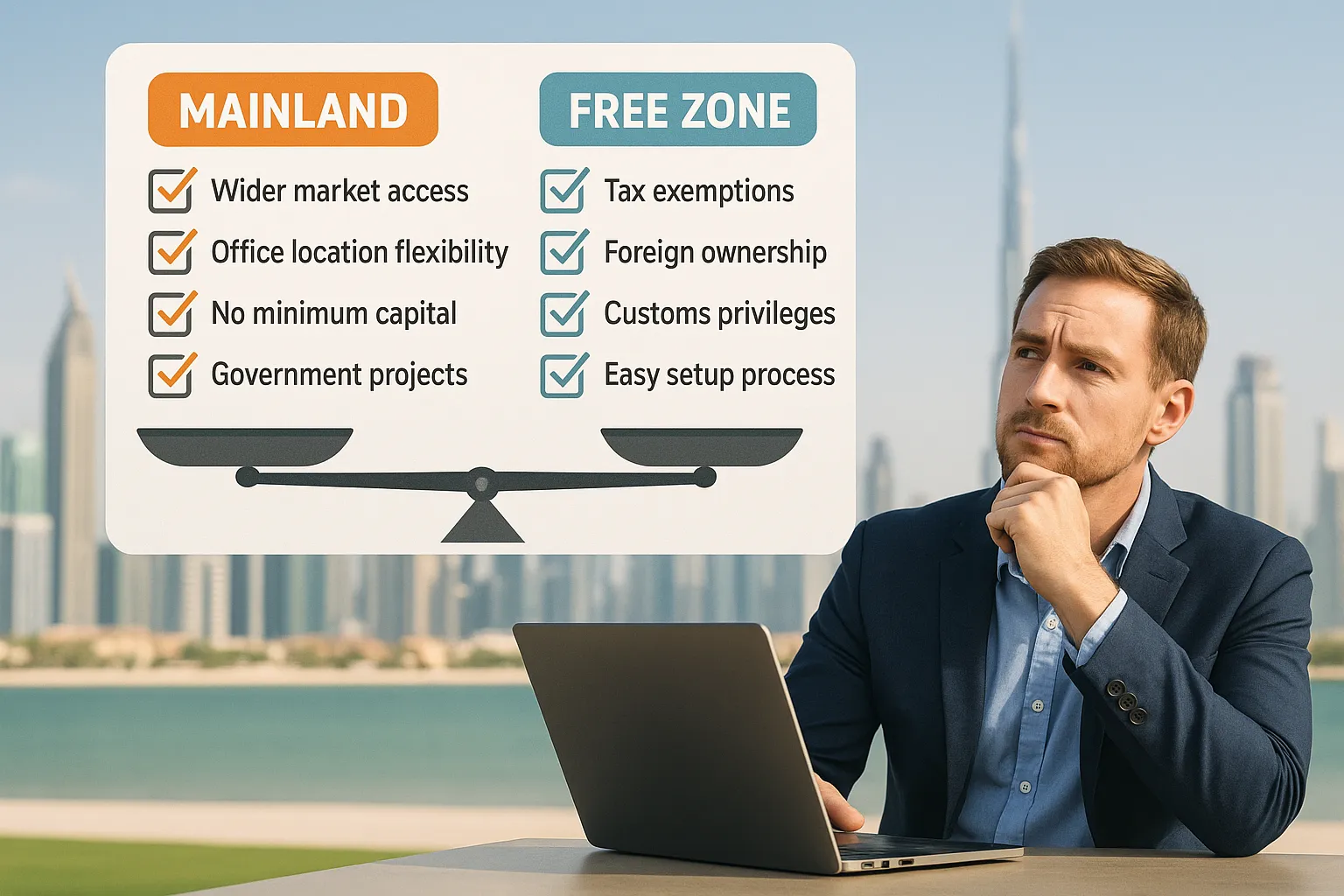 Infographic style illustration: a checklist balancing 'Mainland' benefits on one side and 'Free Zone' benefits on the other, with an Australian entrepreneur pondering in the foreground, laptop open with Dubai skyline background.