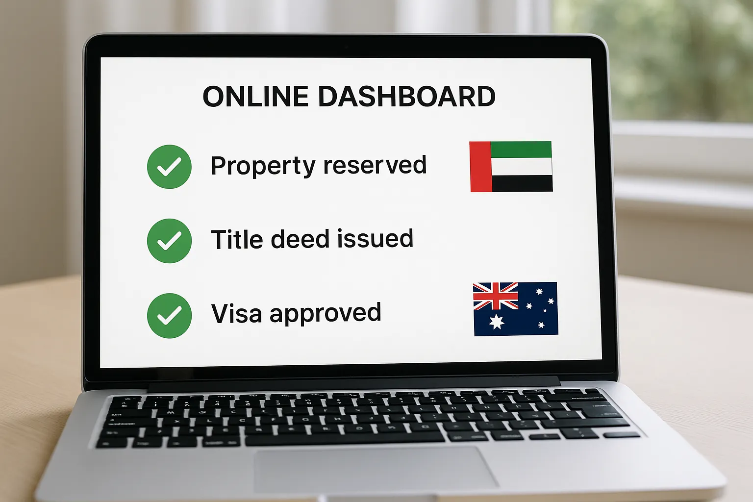 Illustration of an online dashboard on a laptop showing progress steps—property reserved, title deed issued, visa approved—with UAE and Australian flags side by side.
