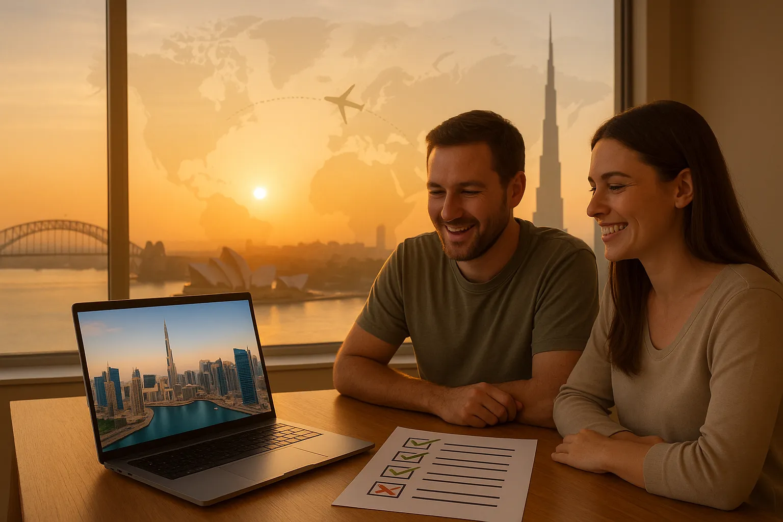 An Australian couple sitting at a dining table in Sydney at sunrise, laptop open to a 3D rendering of a Dubai marina skyline. On the table lies a printed checklist with green ticks and red crosses. The Burj Khalifa silhouette and an airplane route map connecting Sydney to Dubai appear faintly in the background.