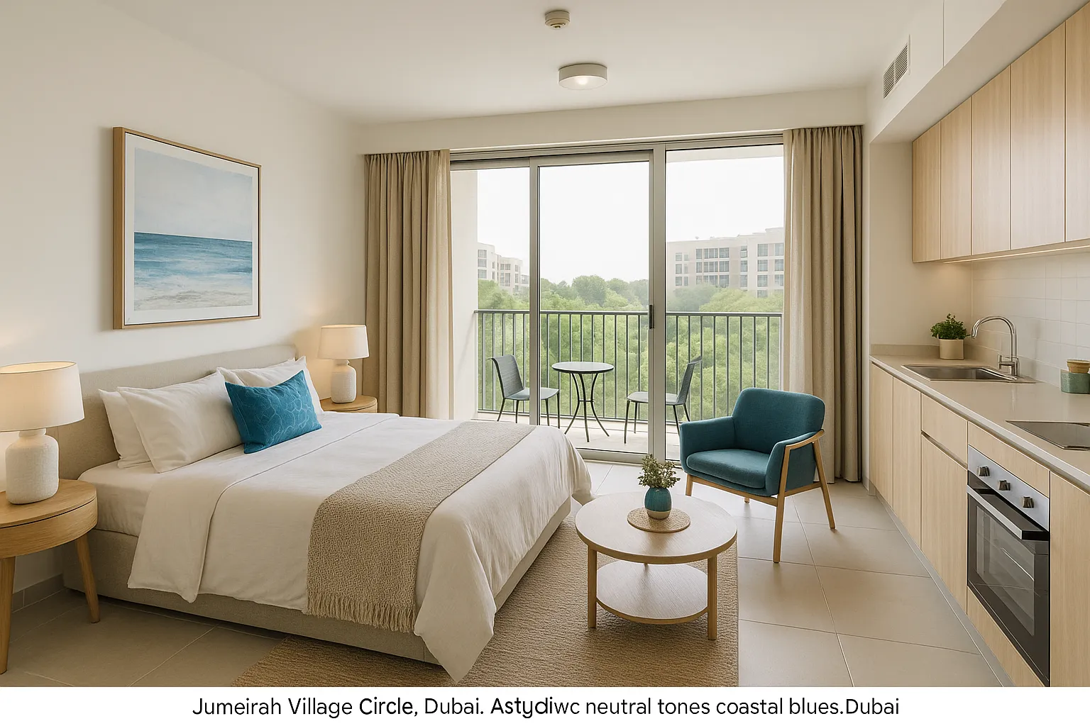Interior shot of a modern, light-filled studio apartment in Jumeirah Village Circle, Dubai, styled with neutral tones and pops of coastal blues, with a small balcony overlooking the community’s greenery. This was the Sydney couple’s first investment unit.