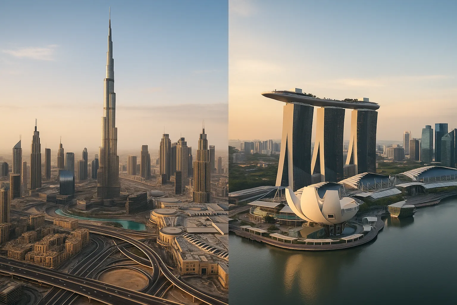 Split-screen image showing the futuristic skyline of Dubai with the Burj Khalifa on the left and the equally modern skyline of Singapore with Marina Bay Sands on the right, illustrating two global financial hubs competing for international businesses.