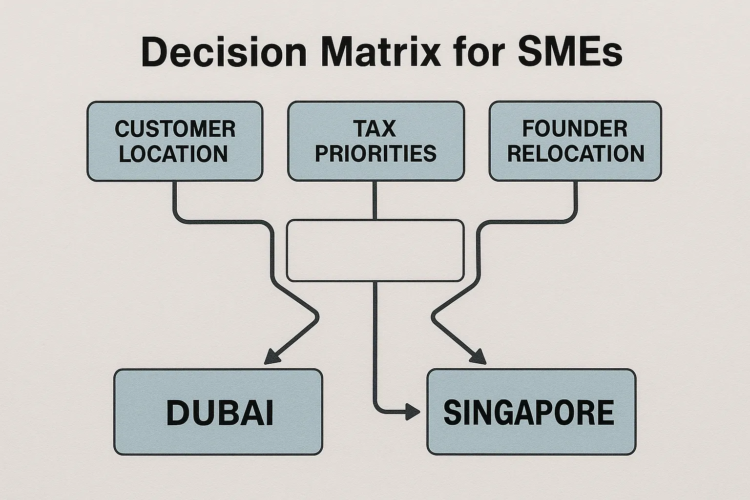 Infographic showing a flowchart: starting with customer location, tax priorities, and founder relocation, leading to either a Dubai or Singapore box, summarising the decision matrix for SMEs.