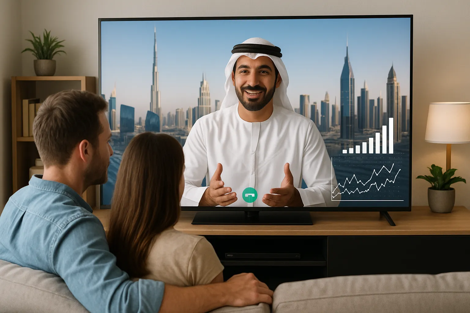 An Australian couple video-conferencing with a Dubai property consultant, a large screen showing Dubai’s skyline and market graphs, symbolising real-time market insights.