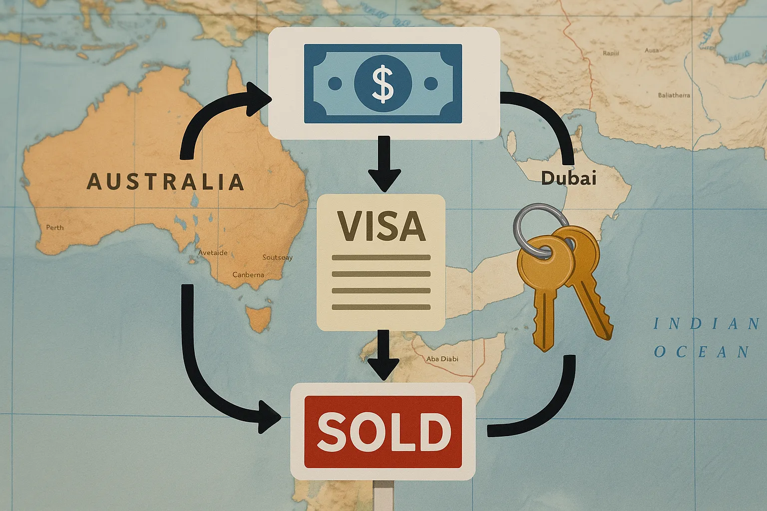 A simplified flowchart overlaying a map of Australia and Dubai, arrows showing money flow, visa documents, property keys, and a successful “Sold” sign, illustrating the step-by-step checklist above.