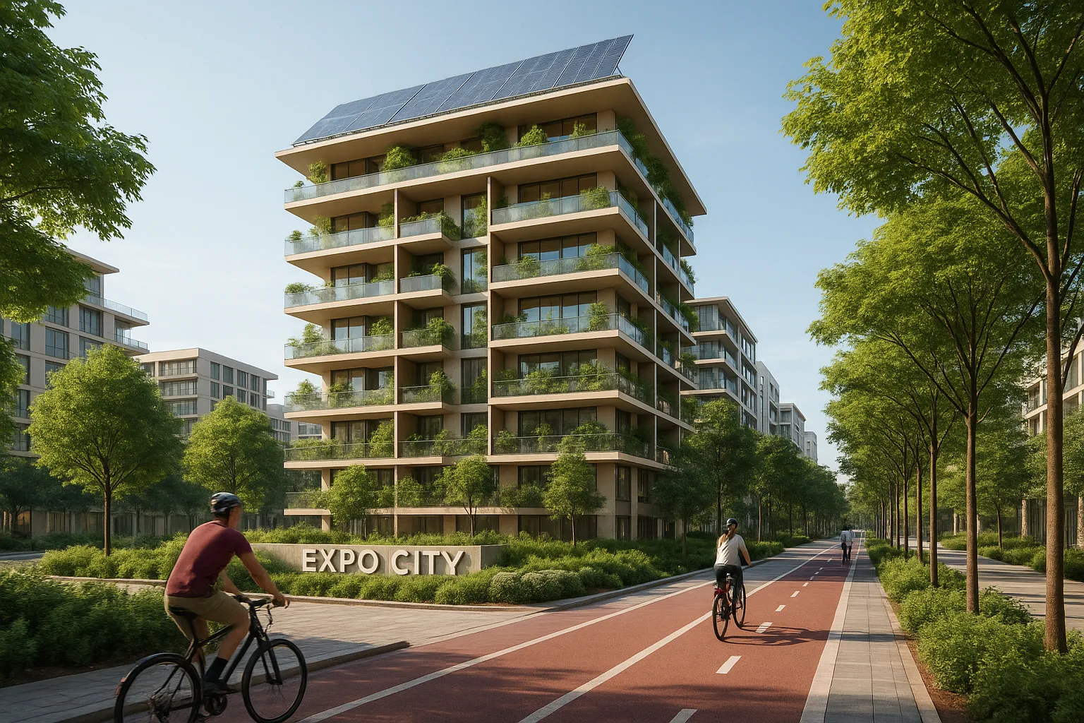 Illustration of a modern eco-friendly residential tower in Expo City with rooftop solar panels, tree-lined walkways, and cyclists on dedicated lanes, highlighting the city’s green building push.