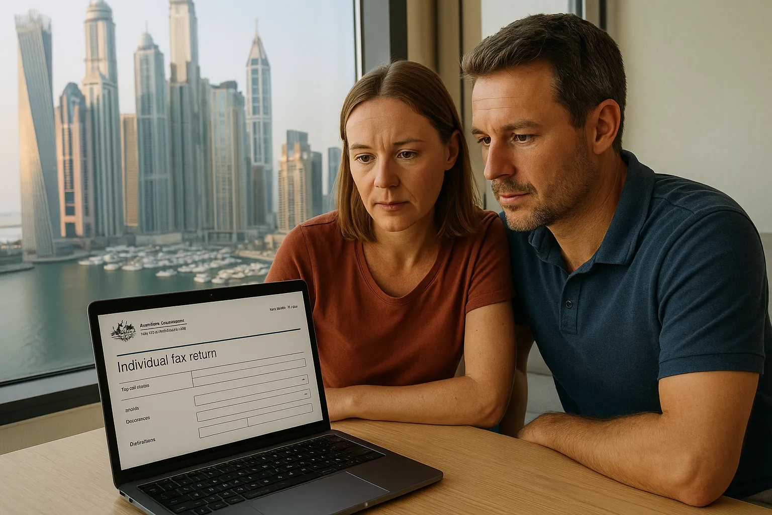 An Australian couple sitting at a laptop displaying an ATO online form, while a window behind them shows the Dubai Marina skyline; the image symbolises reconciling Australian tax obligations with overseas property investment.
