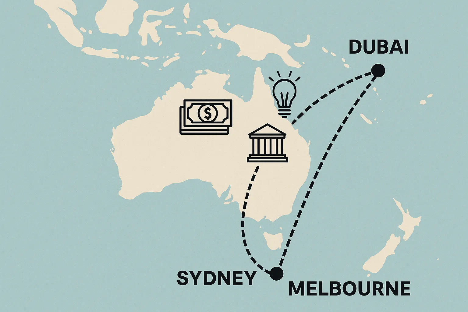 A minimalist infographic map showing flight paths between Sydney, Melbourne and Dubai, overlaid with icons representing money, lightbulb ideas, and government buildings, illustrating the concept of Australian entrepreneurs leveraging UAE incentives to launch startups in Dubai.