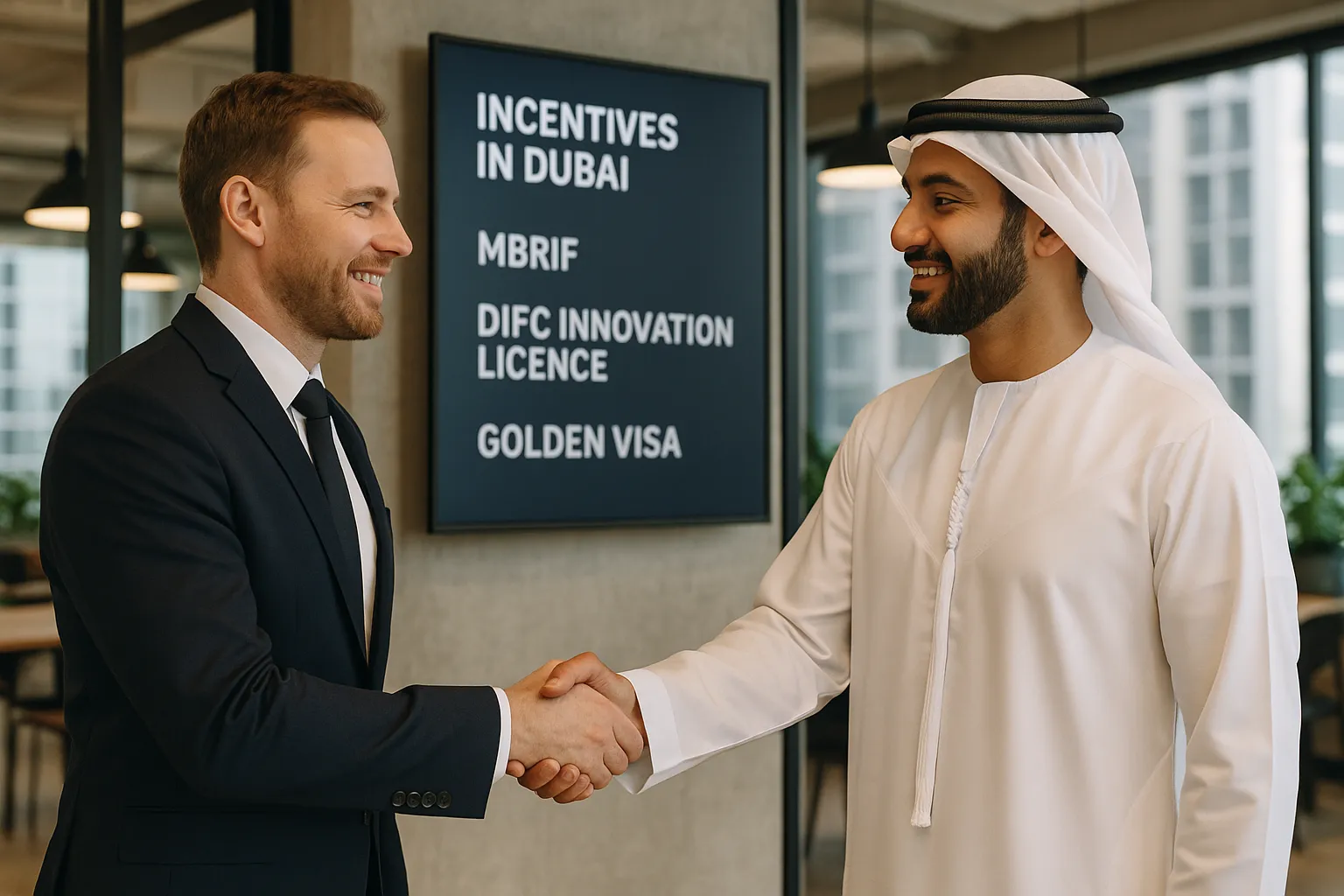 Close-up photo of two business founders—one Australian, one Emirati—shaking hands in a modern co-working space in Dubai, with a digital board behind them listing incentives like MBRIF, DIFC Innovation Licence, and Golden Visa.