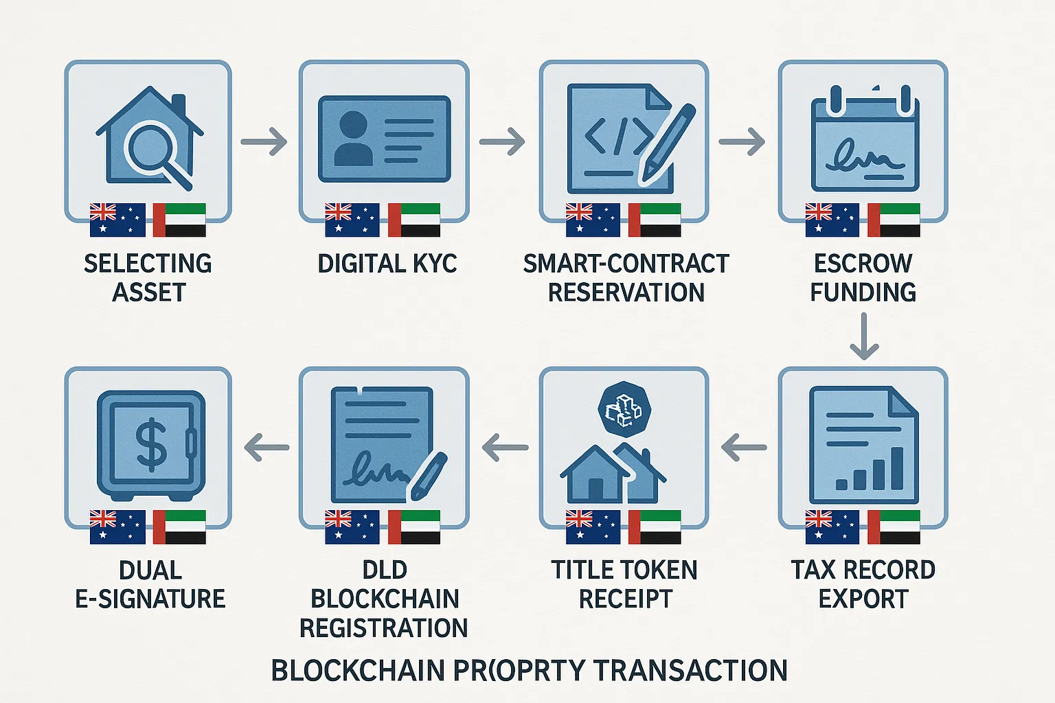 Illustrated flowchart showing eight stages of a blockchain property transaction: selecting asset, digital KYC, smart-contract reservation, escrow funding, dual e-signature, DLD blockchain registration, title token receipt, and tax record export—each icon labelled with both Australian and Dubai flags to emphasise cross-border process.