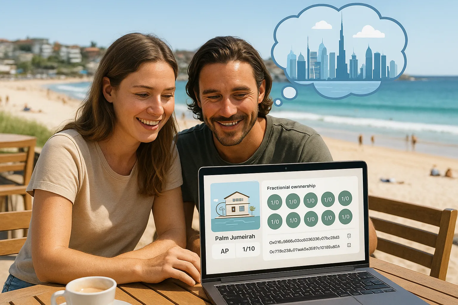 A relaxed Australian couple on a laptop at a beach café in Bondi; on the screen a stylised dashboard shows their fractional ownership tokens of a Palm Jumeirah apartment, with blockchain transaction hashes and Dubai skyline in a thought bubble above them.