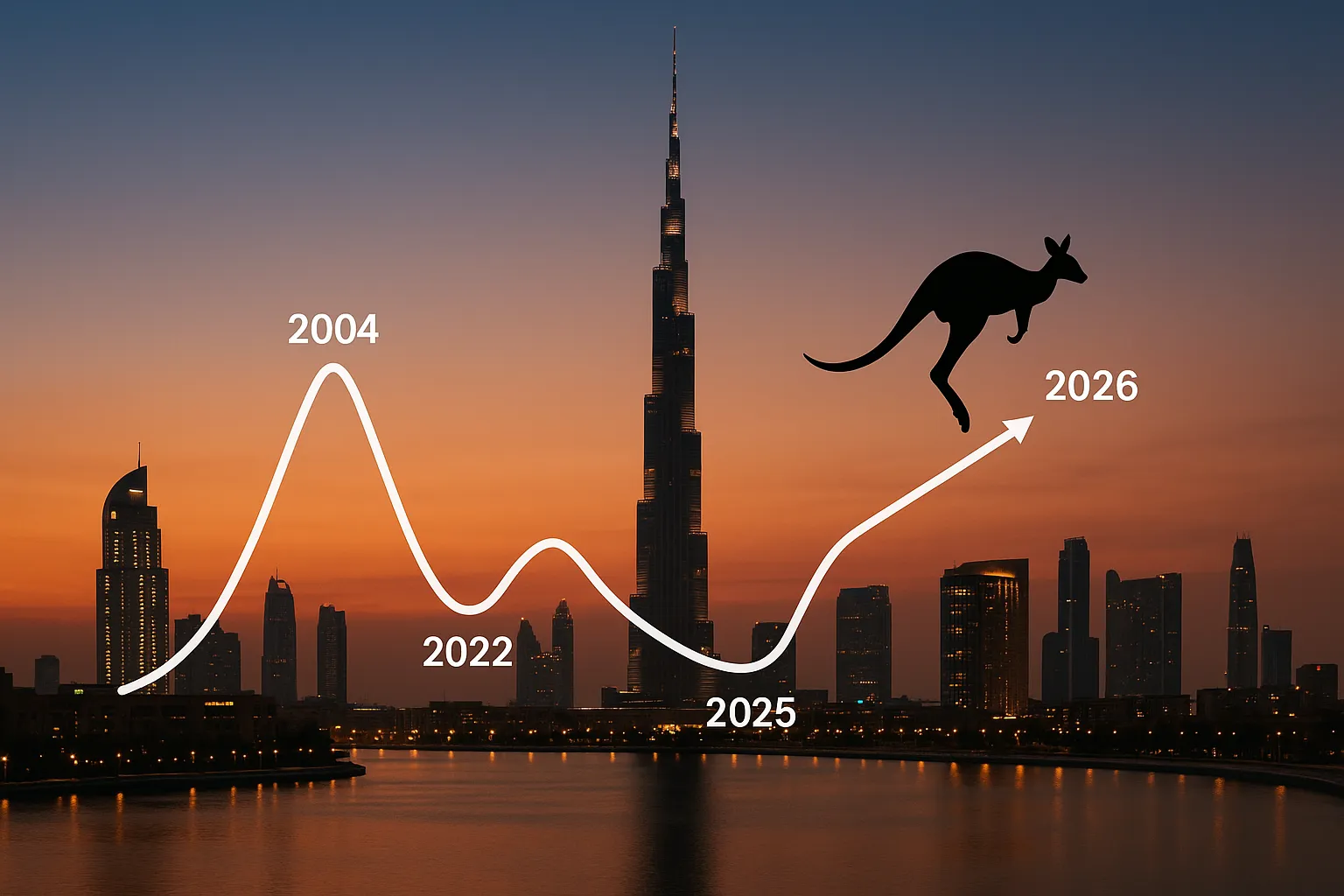 A minimalist line chart superimposed on Dubai’s skyline at dusk, showing property price peaks in 2008, 2014, 2022 and projections for 2026. A kangaroo silhouette stands on the rising 2025 line, symbolising Australian investors riding the new wave.