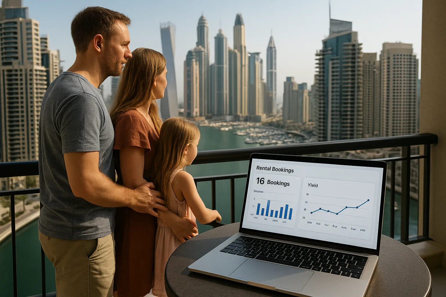 An Australian family on a balcony overlooking Dubai Marina, laptop open to a dashboard showing rental bookings and yield graphs, illustrating hands-on property management from overseas.