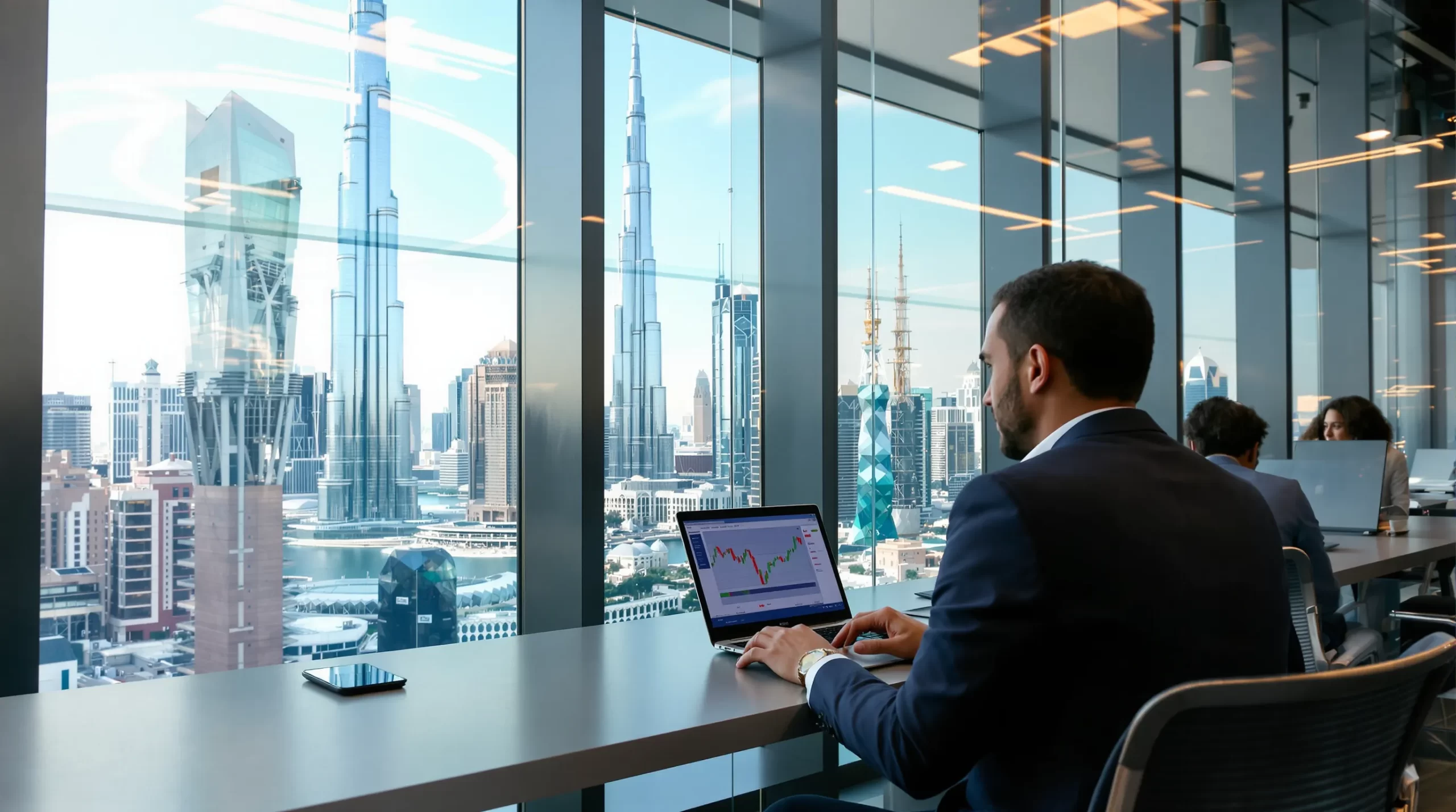 Image: An Australian investor using a laptop in a Dubai co-working space, with Burj Khalifa visible through the window, analysing FX charts on screen.