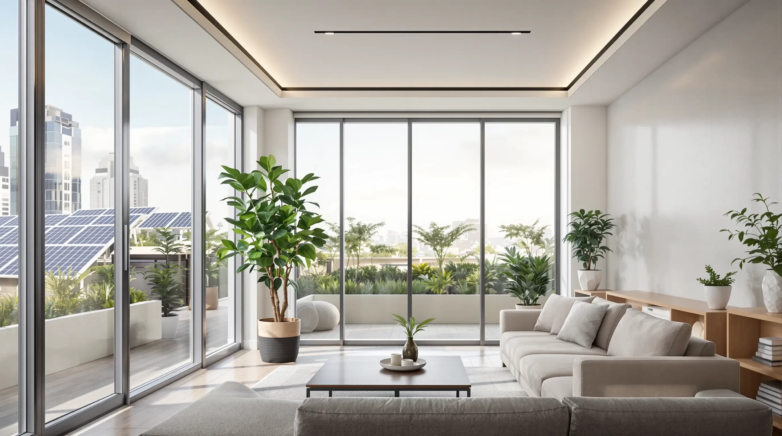 Interior of a modern Dubai apartment living room with floor-to-ceiling windows, energy-efficient LED lighting, recycled-wood furniture and lush indoor plants, overlooking a solar-panelled rooftop garden.