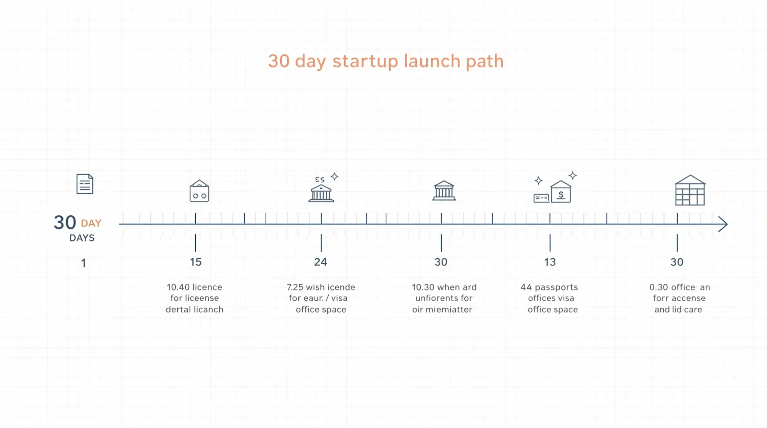 Minimalist infographic timeline showing a 30-day startup launch path, with icons for licence, bank, visa and office space along a horizontal calendar line.