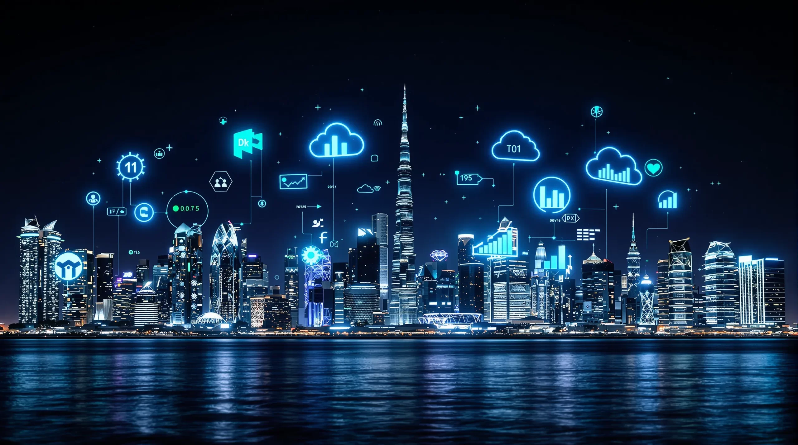 Panoramic night view of Dubai’s skyline with holographic icons of code, cloud and data charts hovering above the skyscrapers, illustrating the emirate’s ambition to be a global tech hub.
