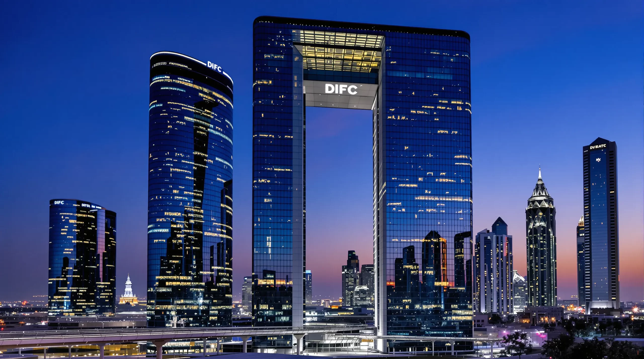 Twilight view of Dubai’s DIFC district with modern glass towers, illuminated walkways and the iconic Gate Building; a symbol of the city’s status as a global financial hub.