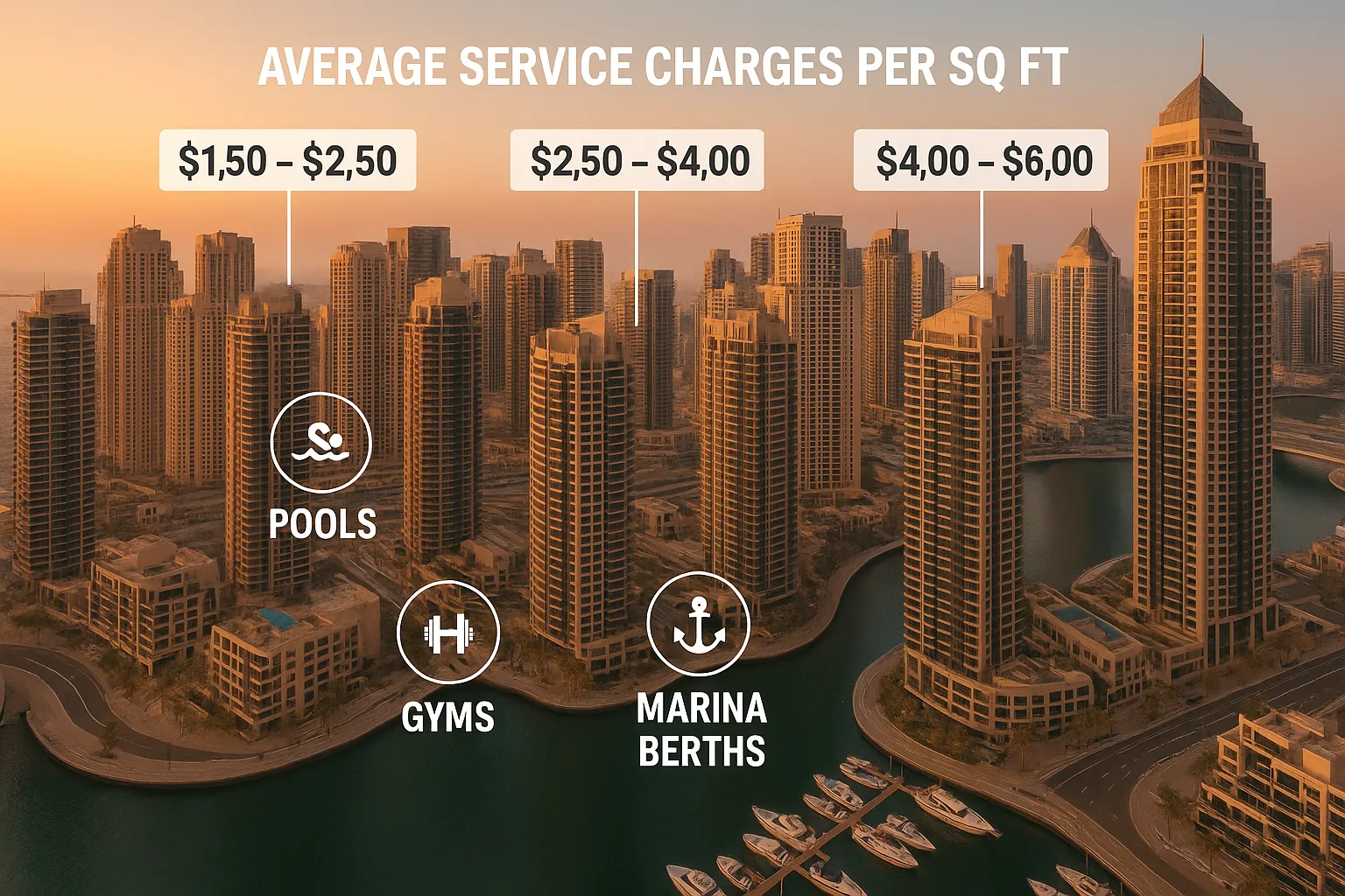 A detailed aerial view of a Dubai Marina high-rise cluster at sunset, annotated with overlay text highlighting average service charge ranges per square foot, and pointing out shared amenities like pools, gyms and marina berths.