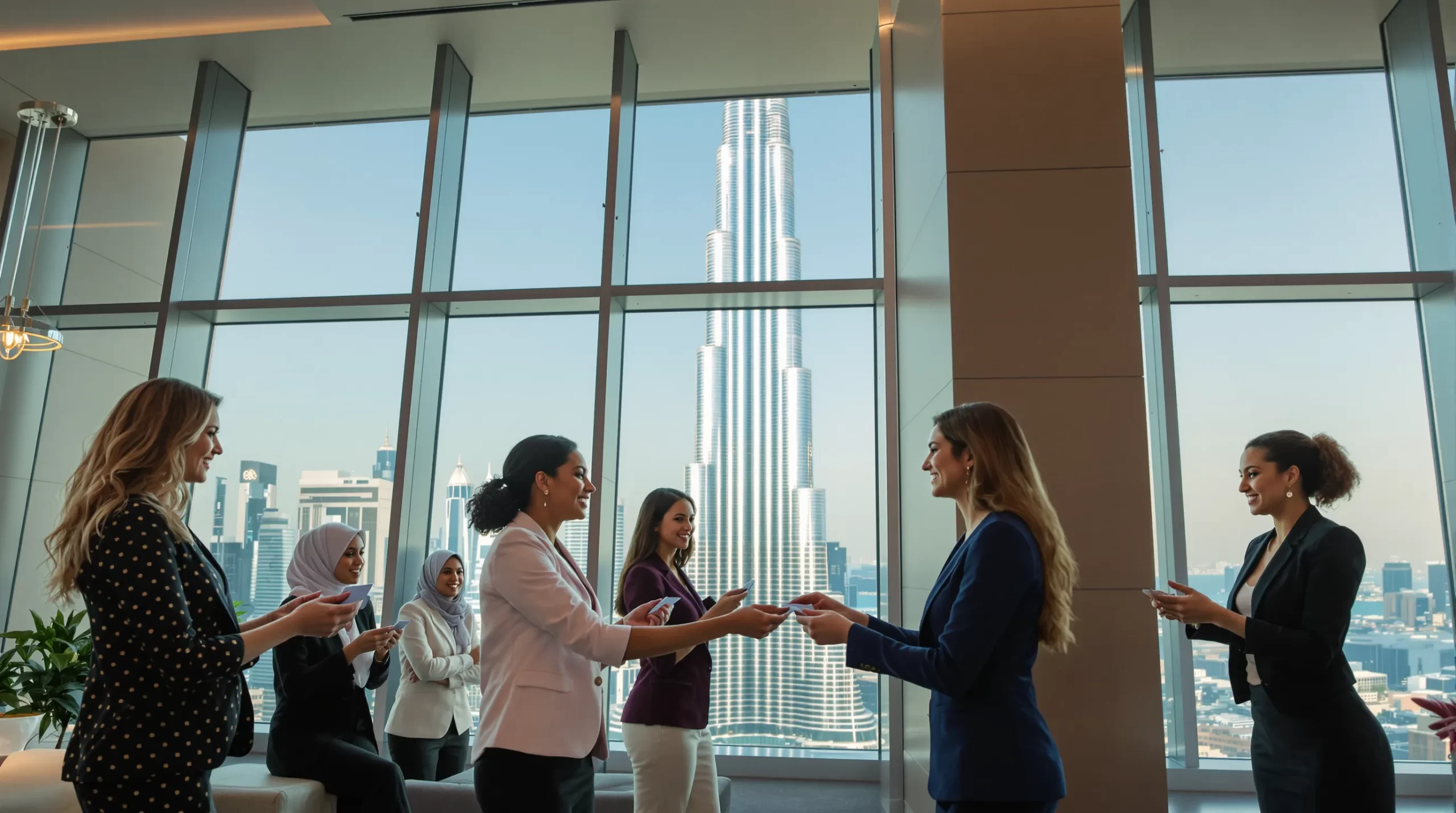 A diverse group of female entrepreneurs exchanging business cards at a sleek conference venue in Downtown Dubai, Burj Khalifa visible through floor-to-ceiling windows.