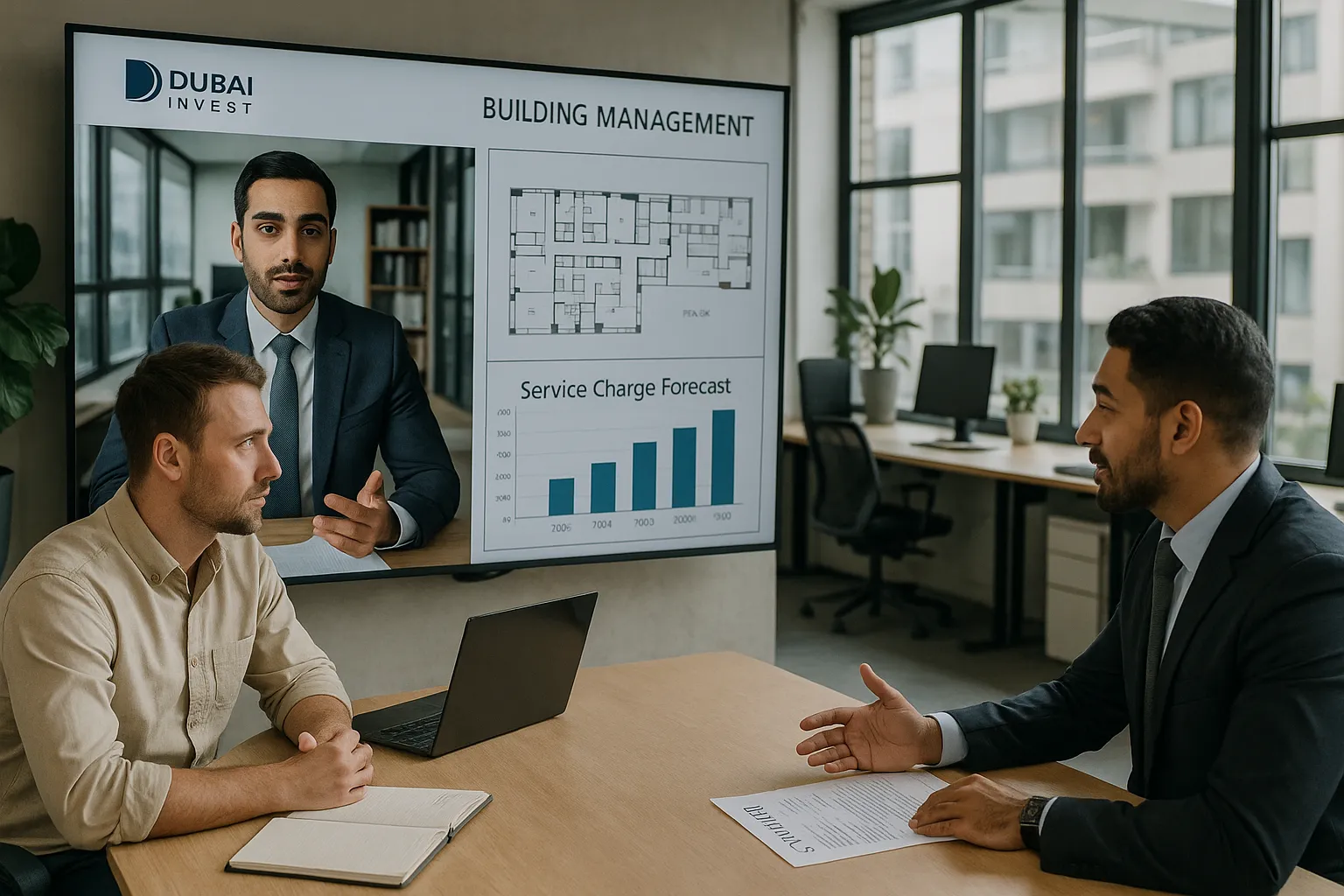 A modern open-plan office where a Dubai Invest consultant discusses building management statements with an Australian couple over video conference, a large screen displaying a floor-plan and service-charge forecast chart.