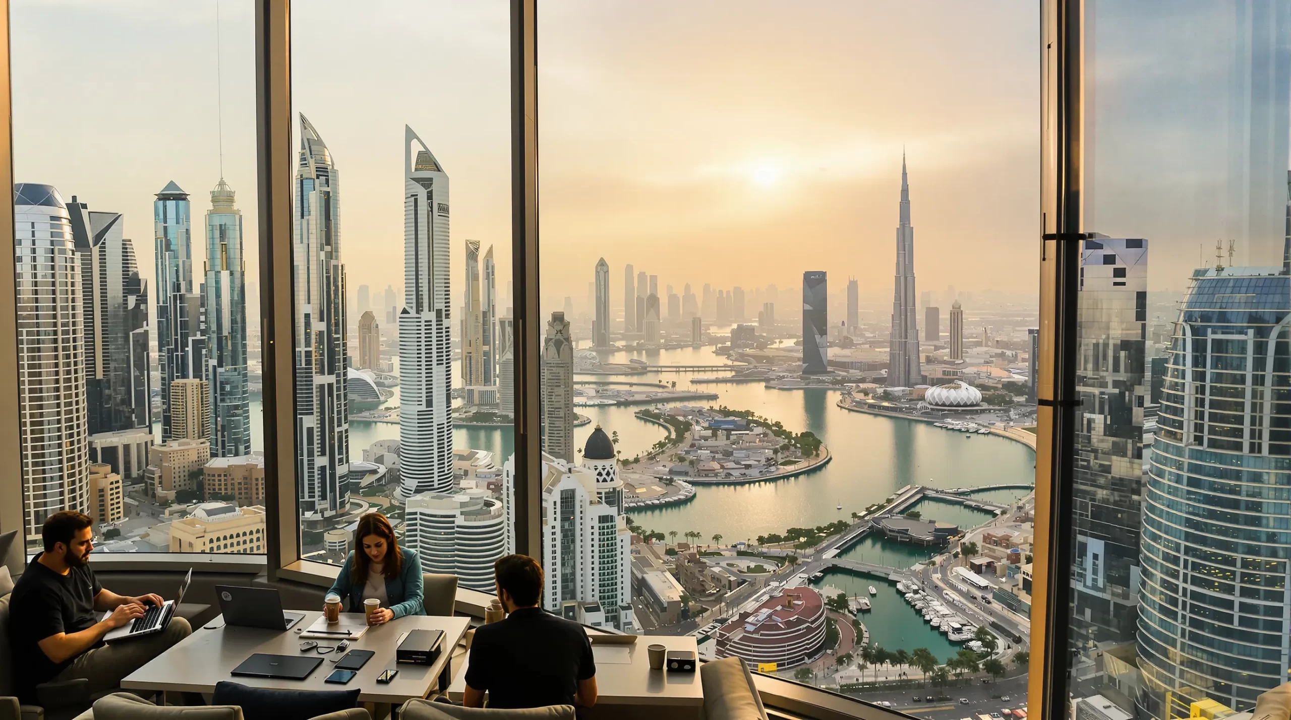A skyline photograph taken from a high floor in Dubai's Business Bay, showing a mix of glass office towers, the curved Dubai Canal, and the Burj Khalifa in the distance under a hazy golden sunrise. A co-working lounge with laptops and coffee cups sits in the foreground, symbolising productivity and location appeal.