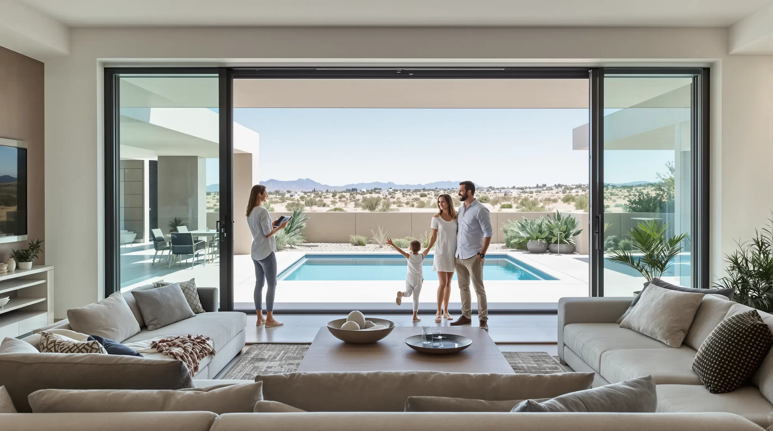 A smiling Australian family inspecting a modern open-plan villa living room with floor-to-ceiling windows opening onto a small private pool and desert skyline beyond.