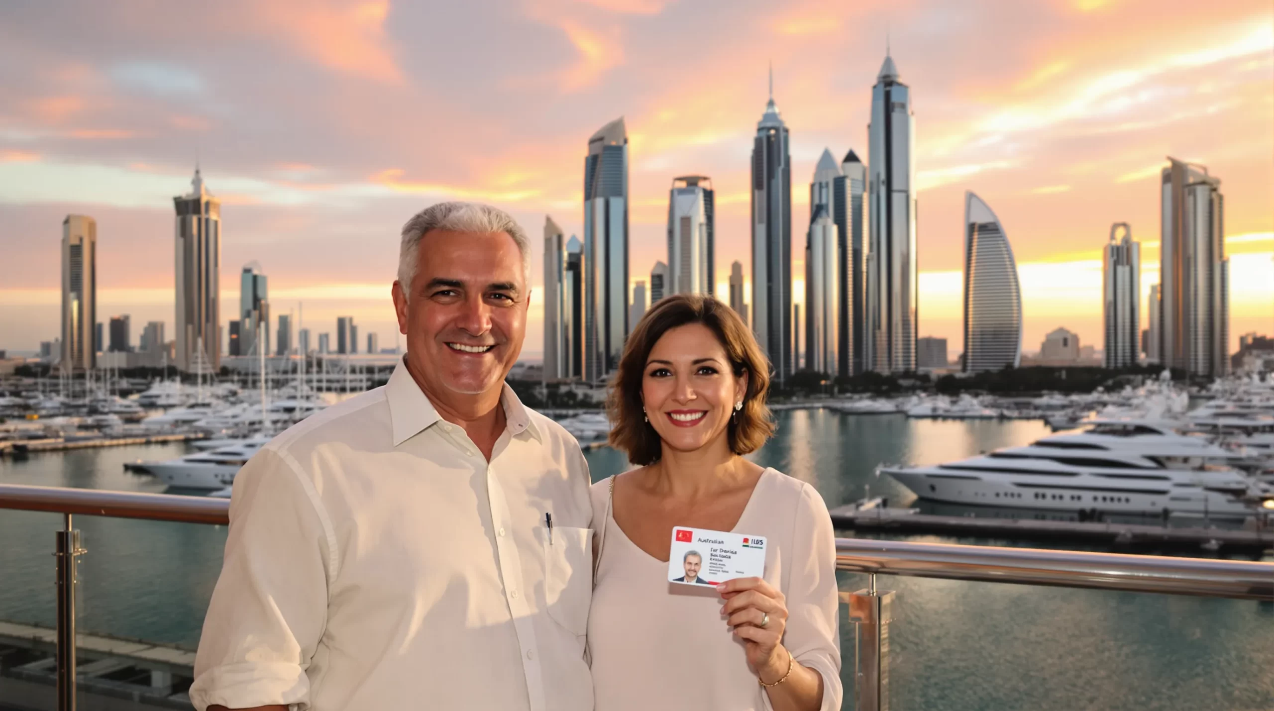 A smiling senior Australian couple holding Emirates ID cards while standing on a Dubai Marina balcony at sunset, with yachts and skyscrapers in the background.